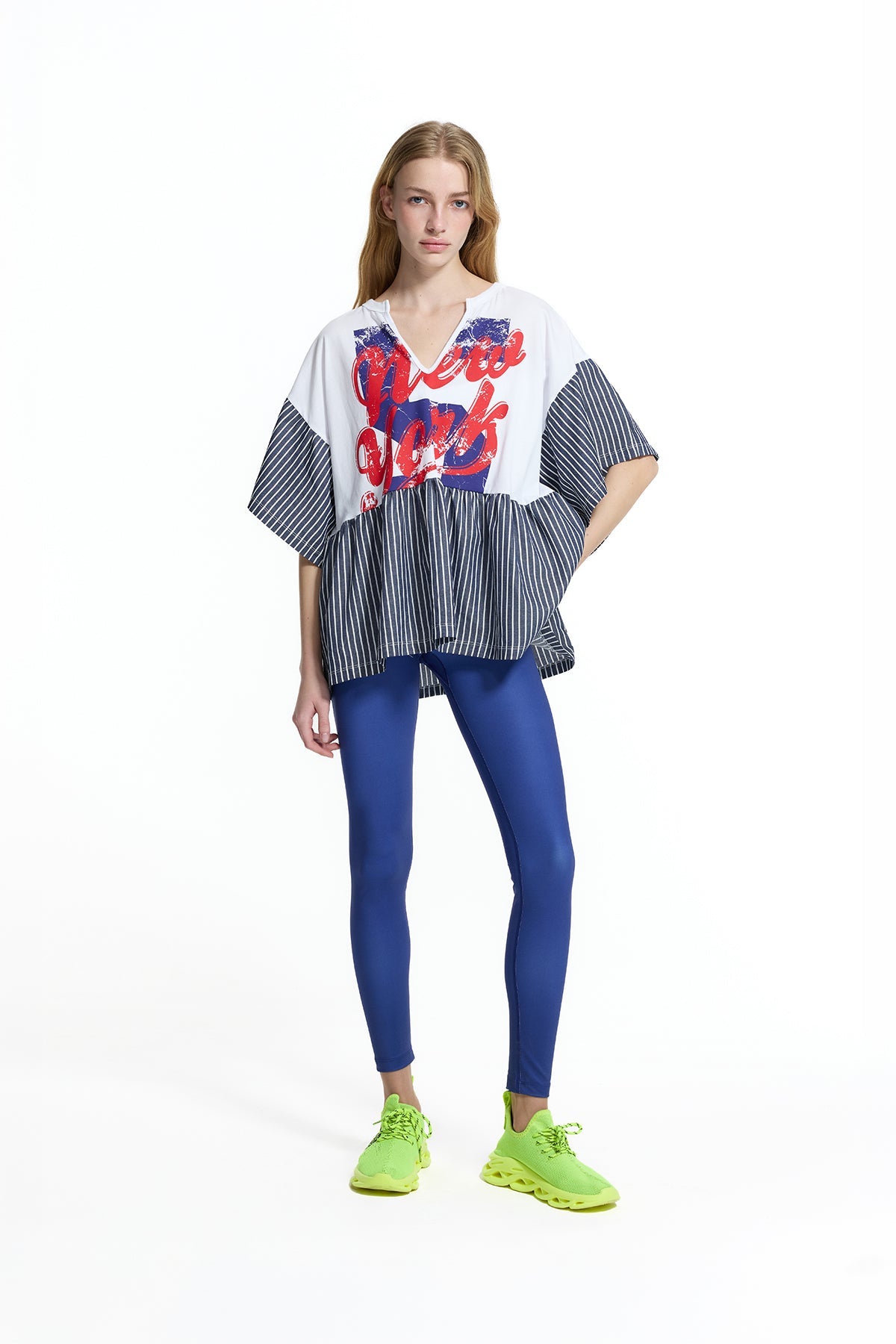 White Light Blue Text Print Stripe Detail Flounce T-shirt 19021