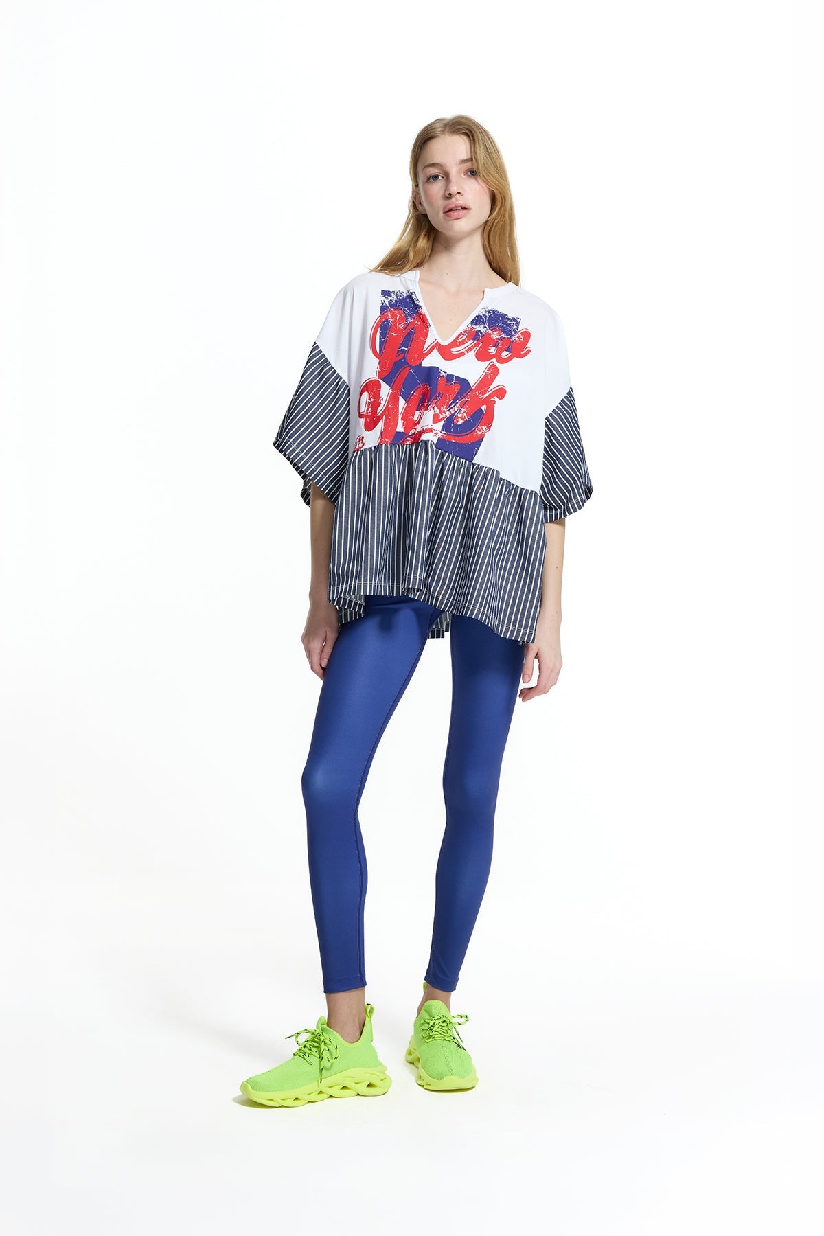 White Light Blue Text Print Stripe Detail Flounce T-shirt 19021