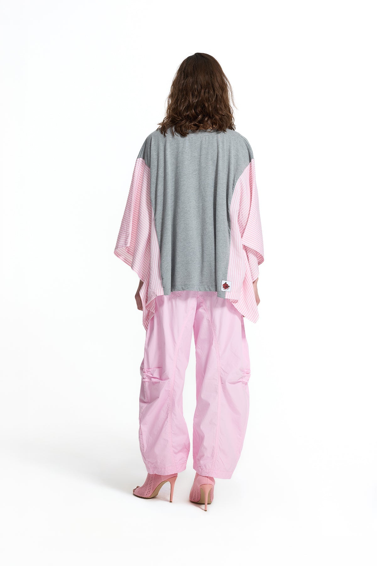 Grey Melange Pink Front Print V-neck Batwing Sleeve Oversize T-shirt 19023