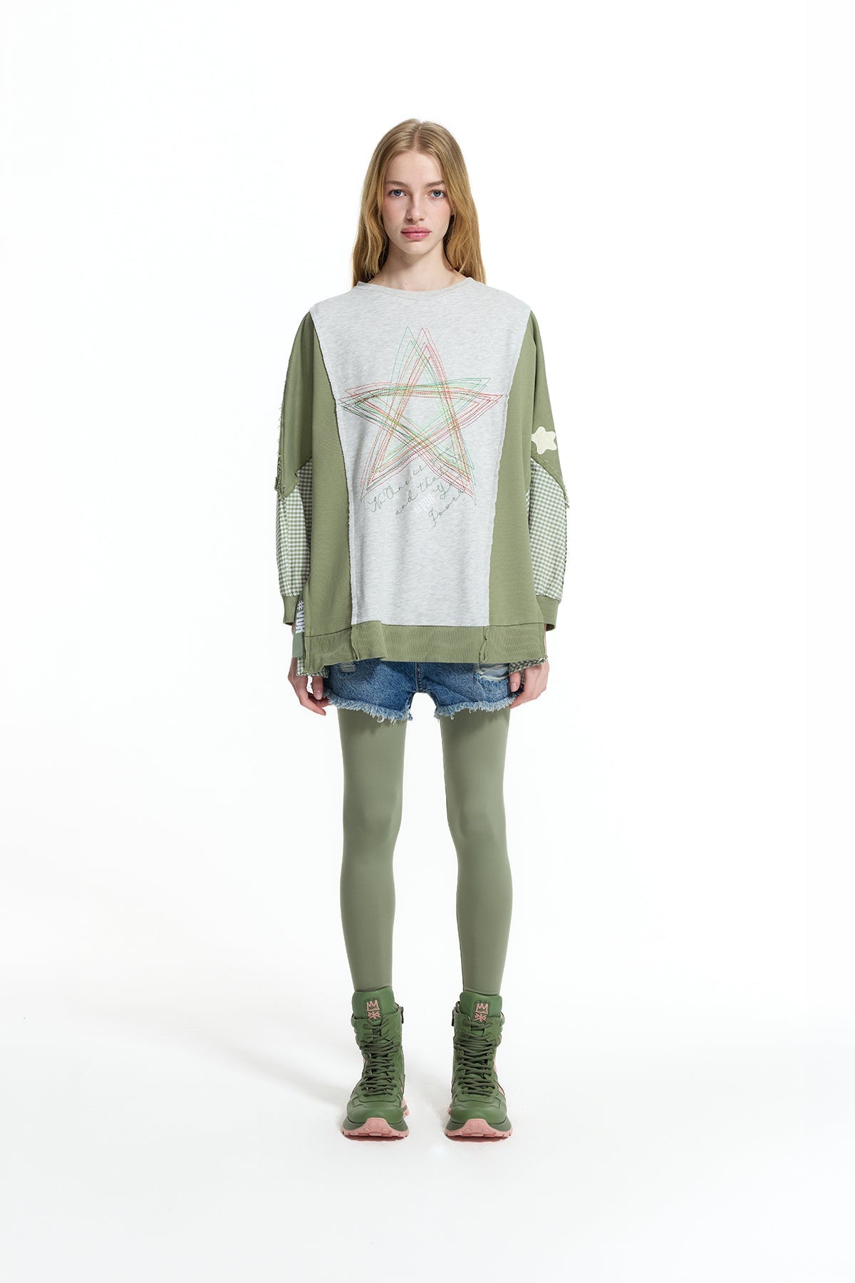 Grey Melange Khaki Contrast Fabric Embroidered Oversize Sweatshirt 19026