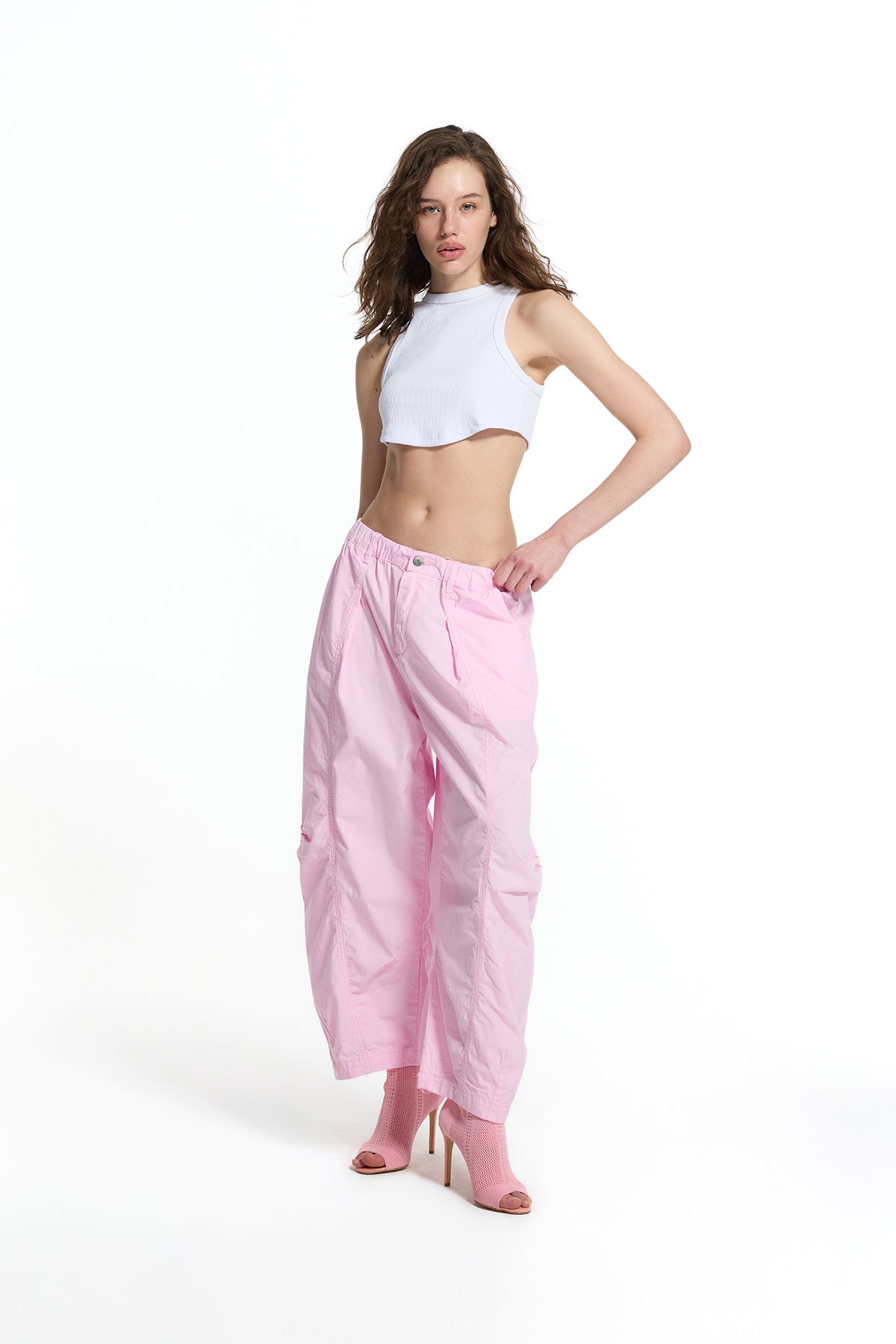 Pink Pleated Stitch Detail Baggy Trousers 19049