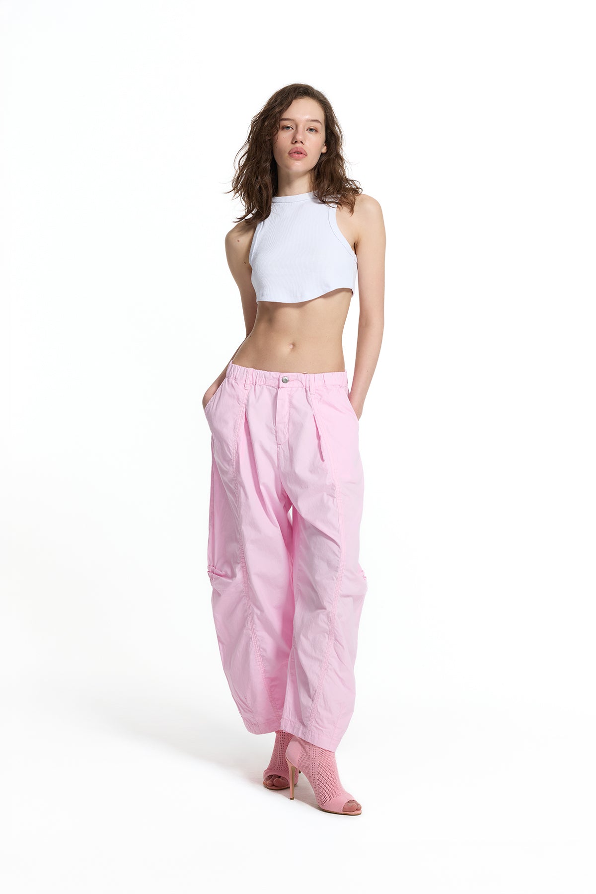 Pink Pleated Stitch Detail Baggy Trousers 19049