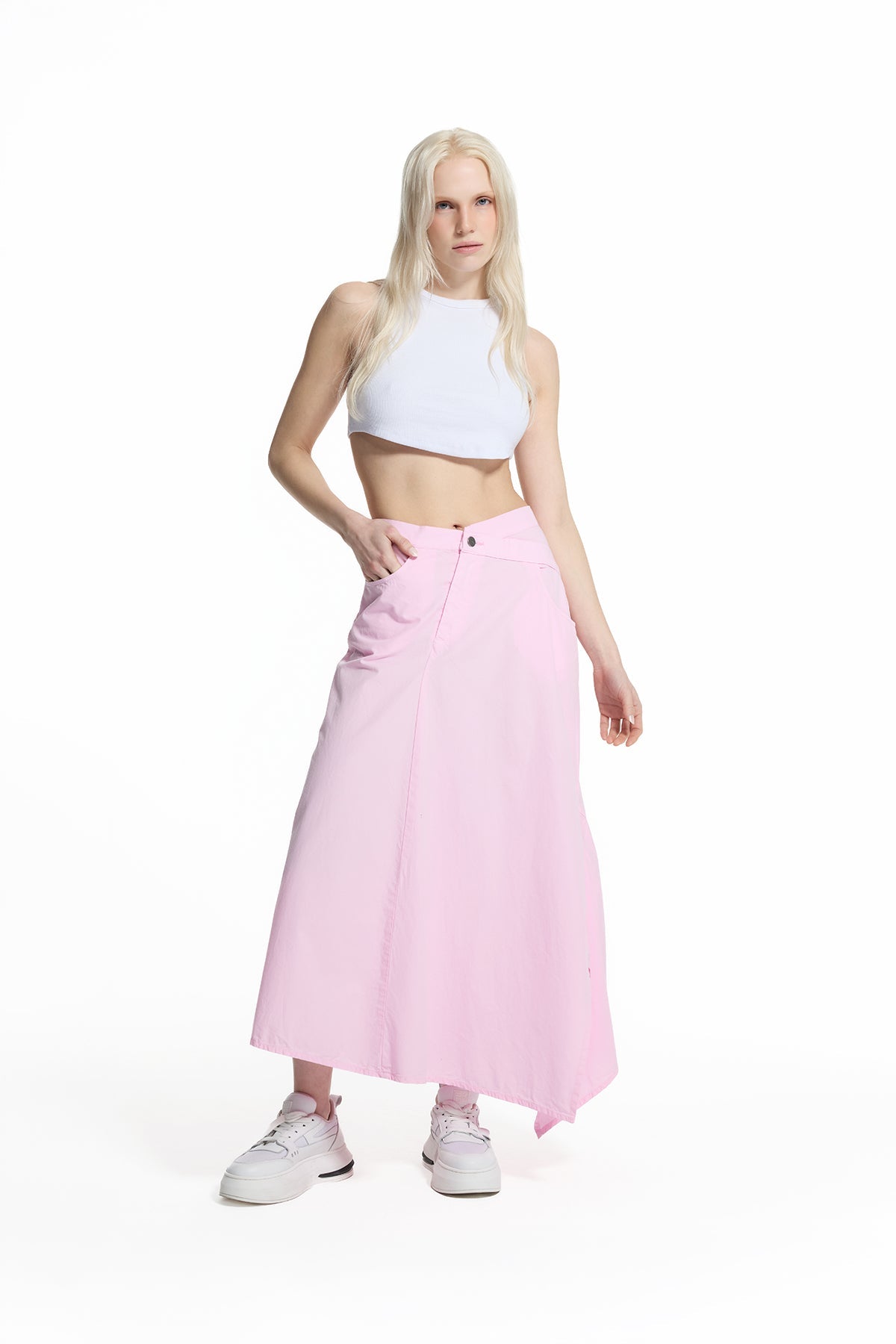 Pink Asymmetric Slit Detailed Long Skirt 19051