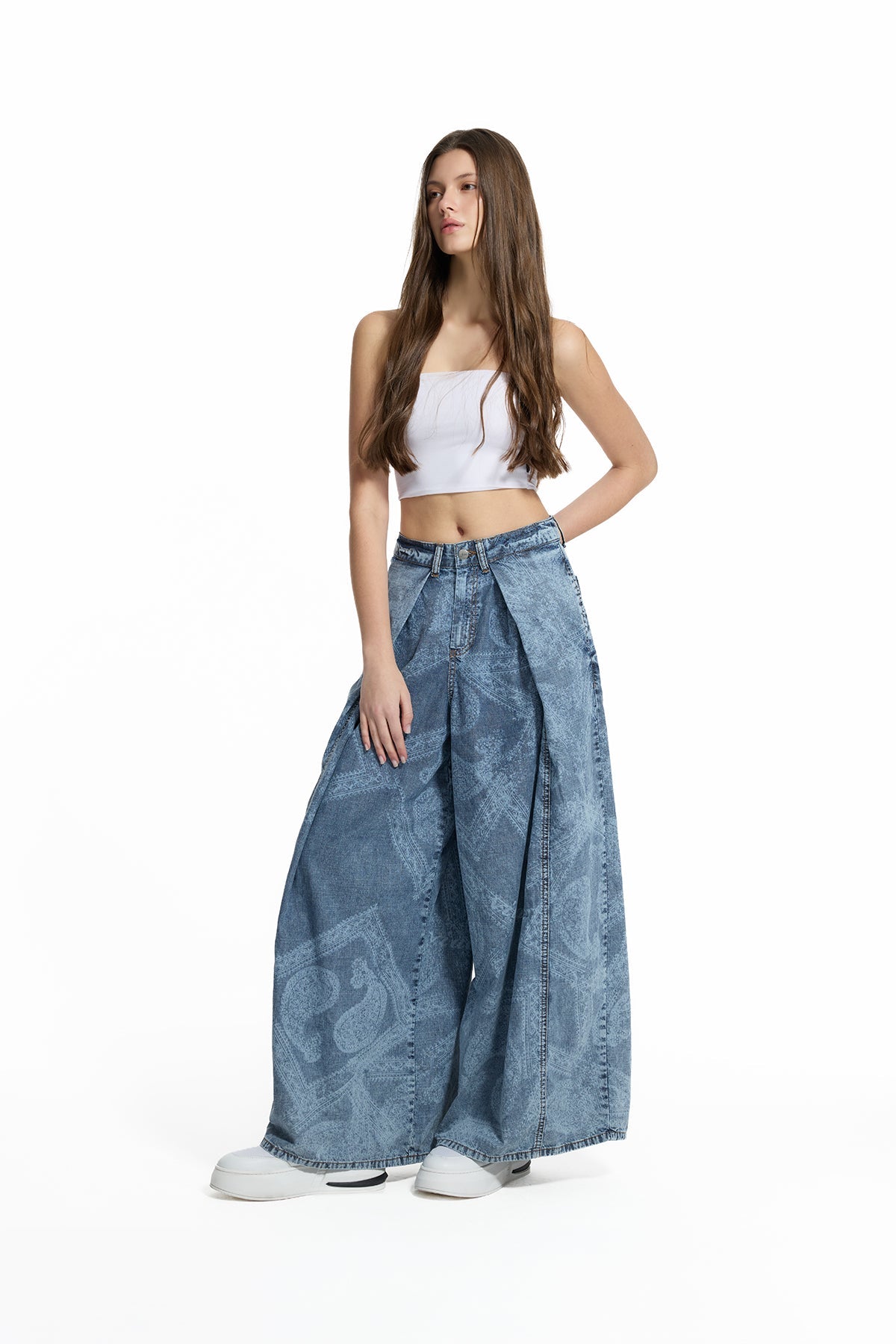 Blue Patterned Washed Wide Leg Denim Trousers 19061