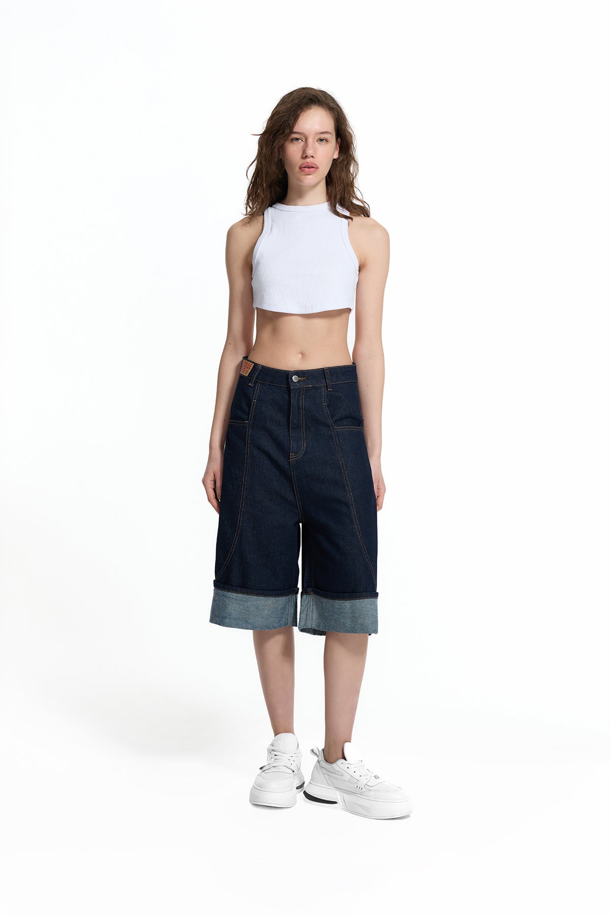 Blue Folded Hem Loose Fit Denim Bermuda Shorts 19063