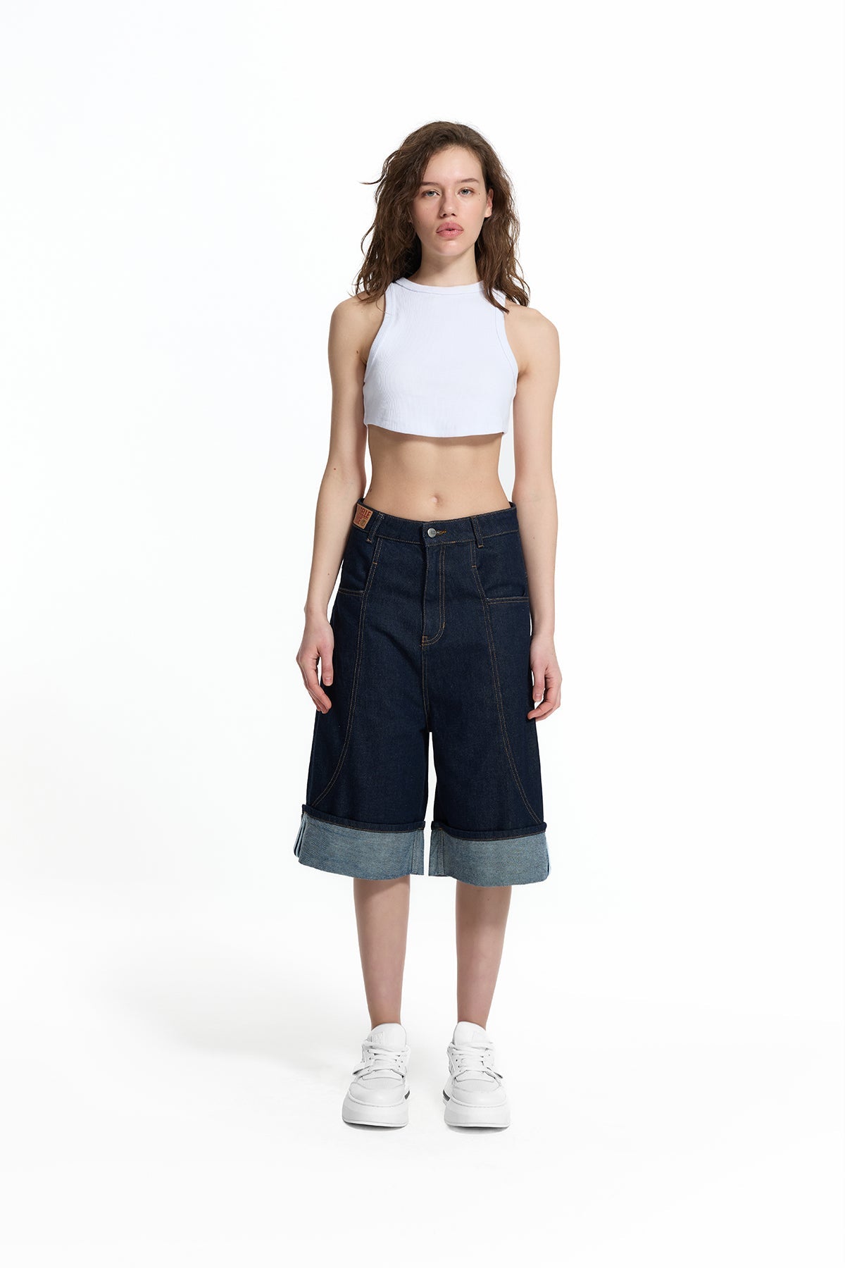 Blue Folded Hem Loose Fit Denim Bermuda Shorts 19063