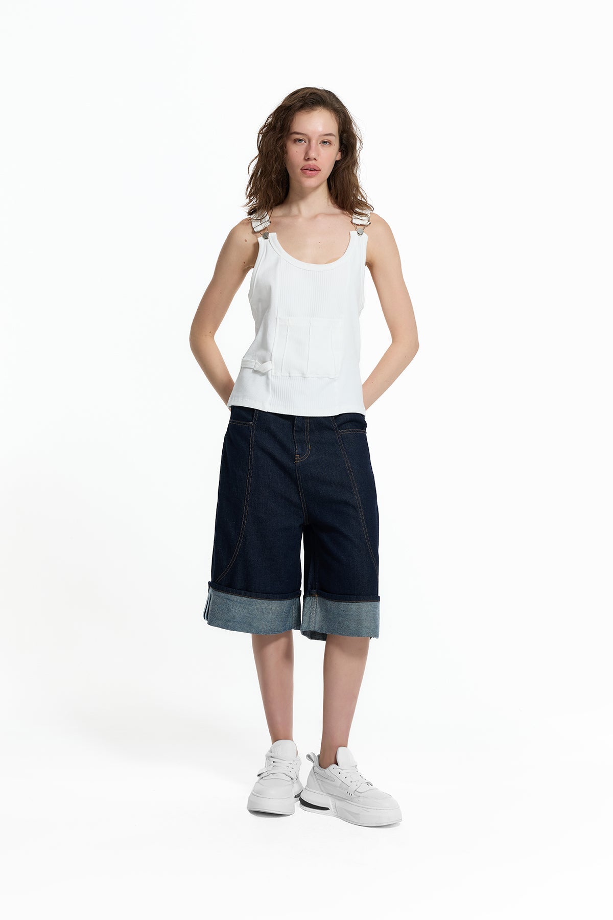 Blue Folded Hem Loose Fit Denim Bermuda Shorts 19063