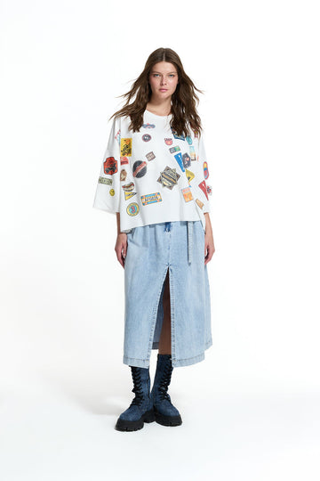 White Patch Detail Oversize Half Sleeve Sweatshirt 19074