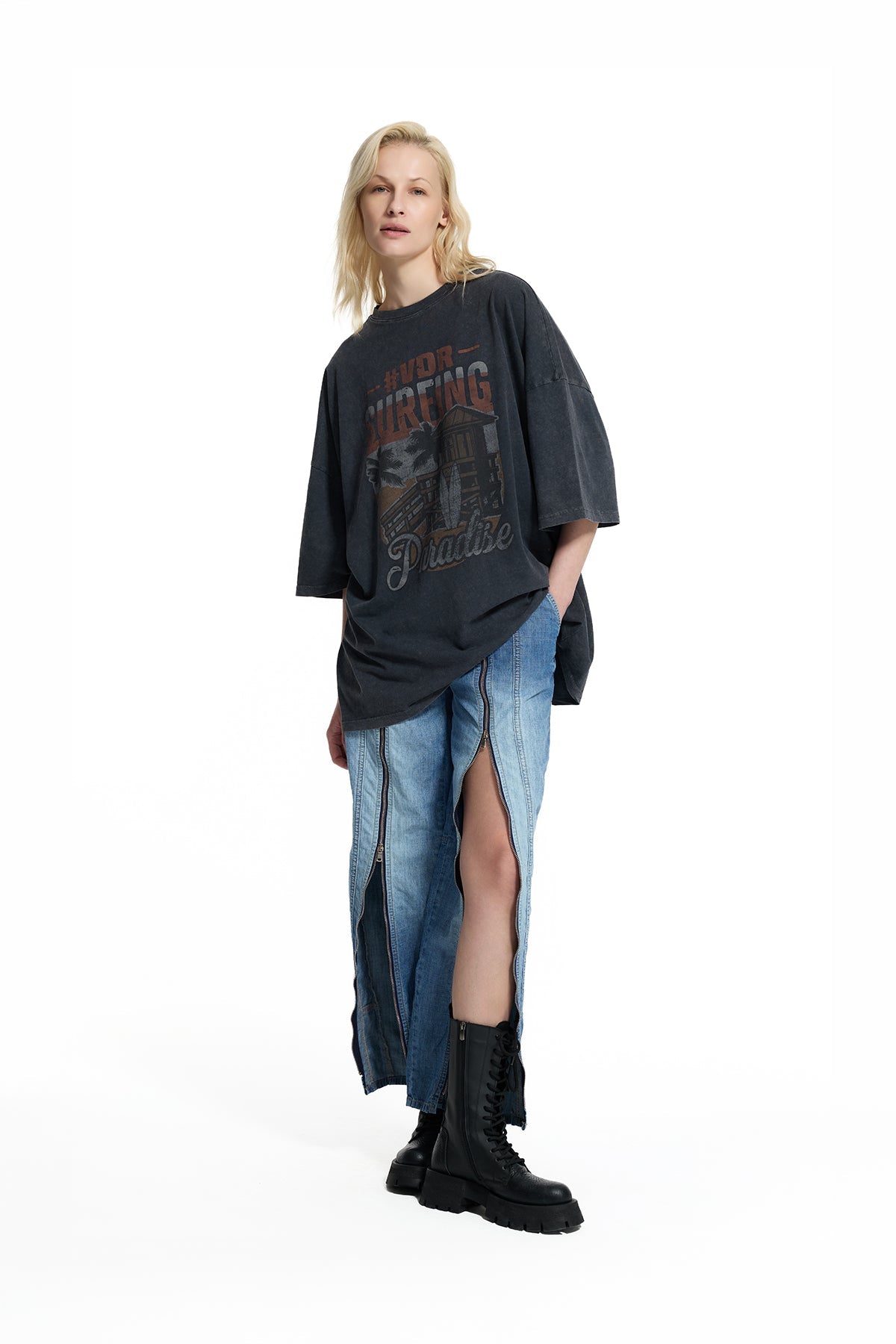 Black Graphic Print Washed Oversize T-shirt 19085