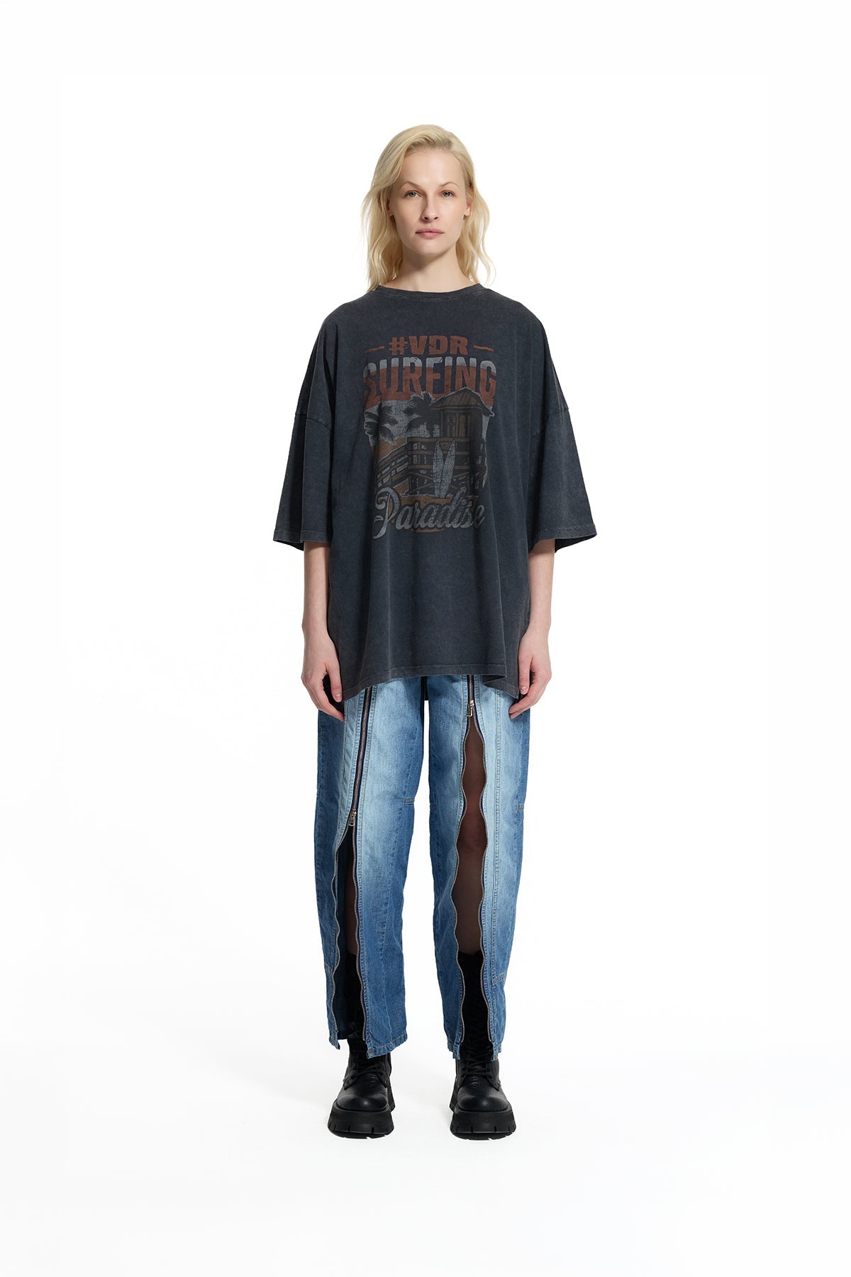 Black Graphic Print Washed Oversize T-shirt 19085