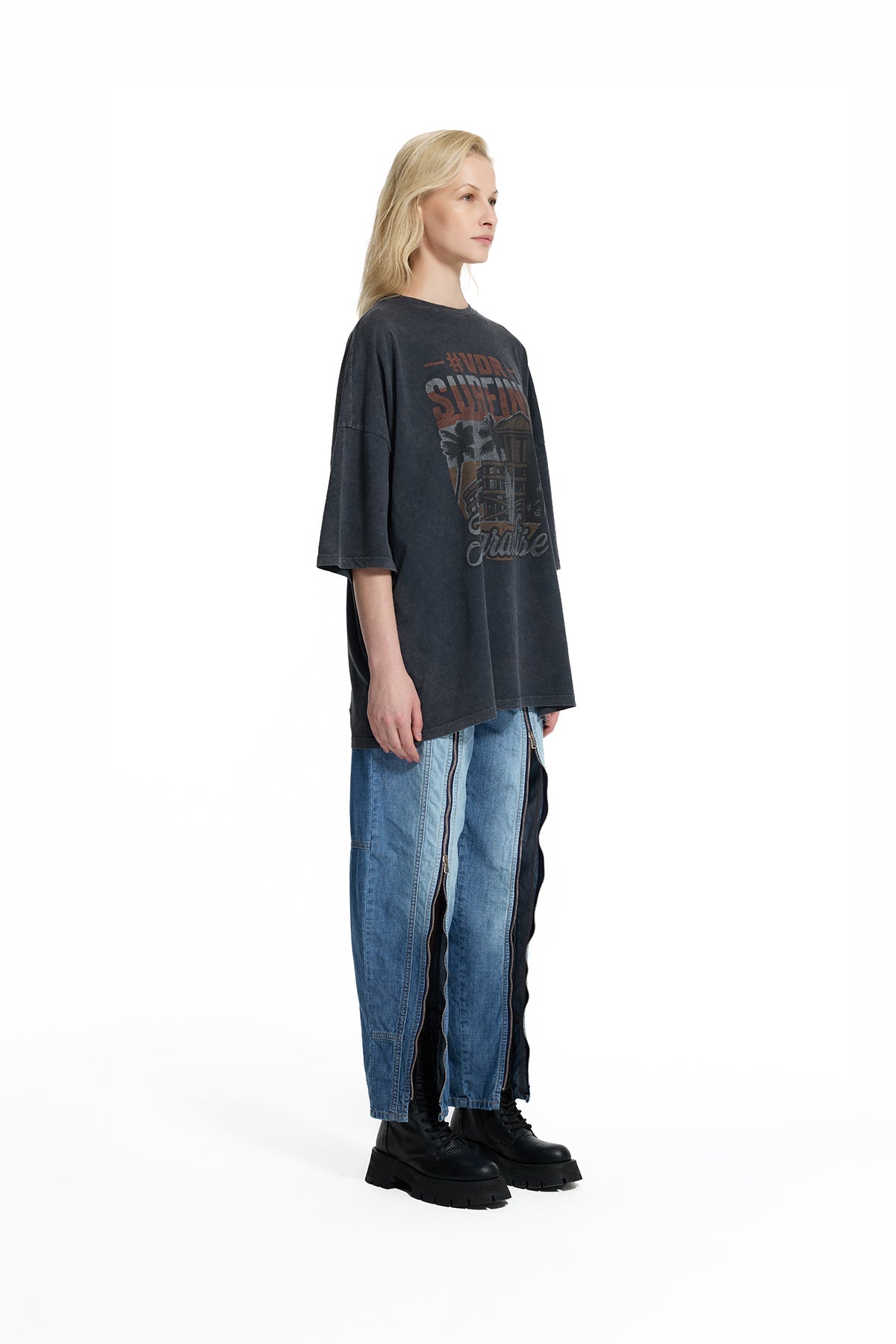 Black Graphic Print Washed Oversize T-shirt 19085