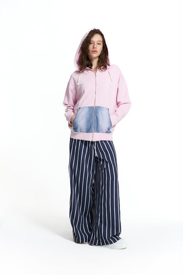 Pink Blue Denim Pocket Detail Hooded Oversize Sweatshirt 19092