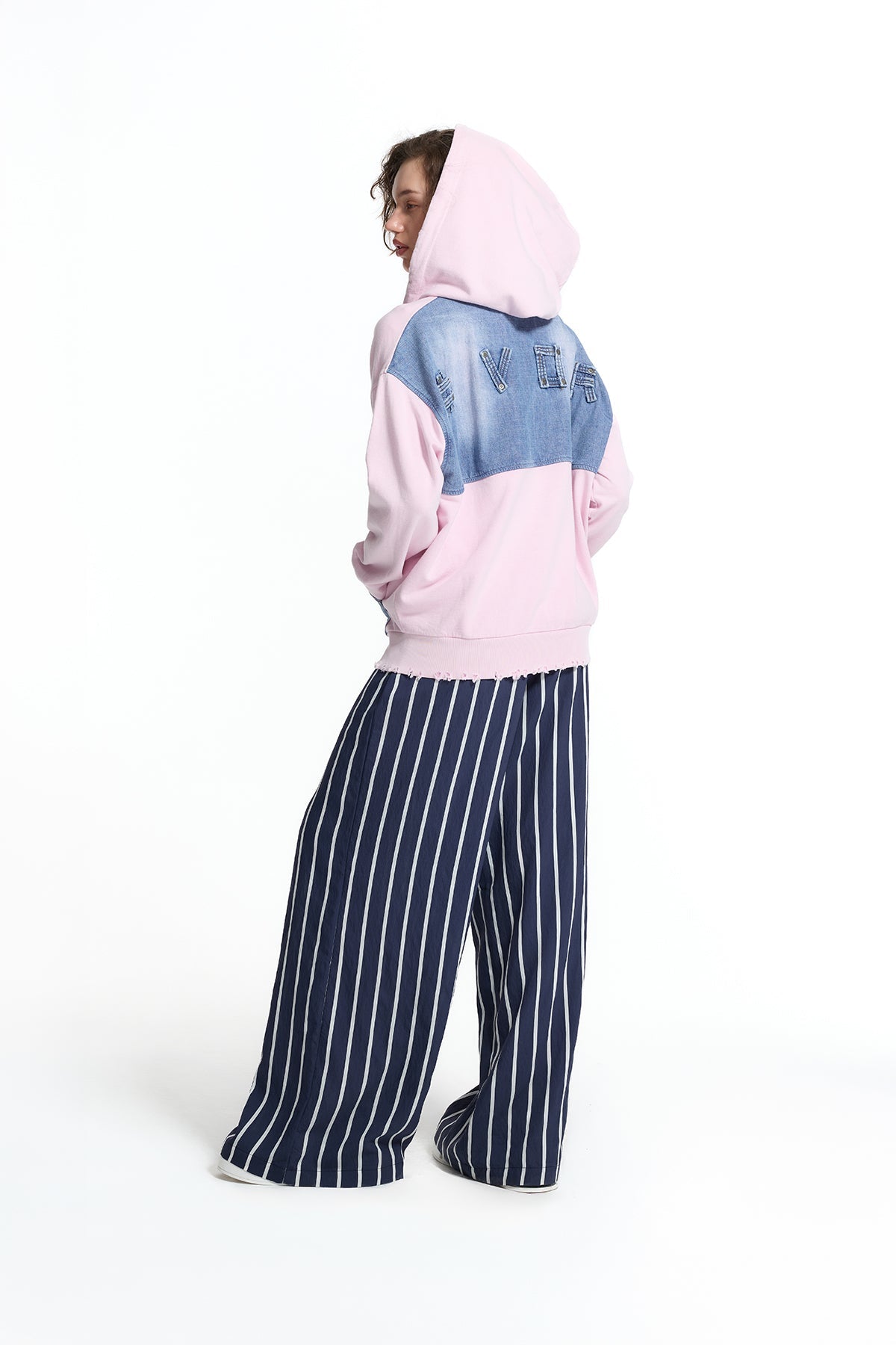 Pink Blue Denim Pocket Detail Hooded Oversize Sweatshirt 19092