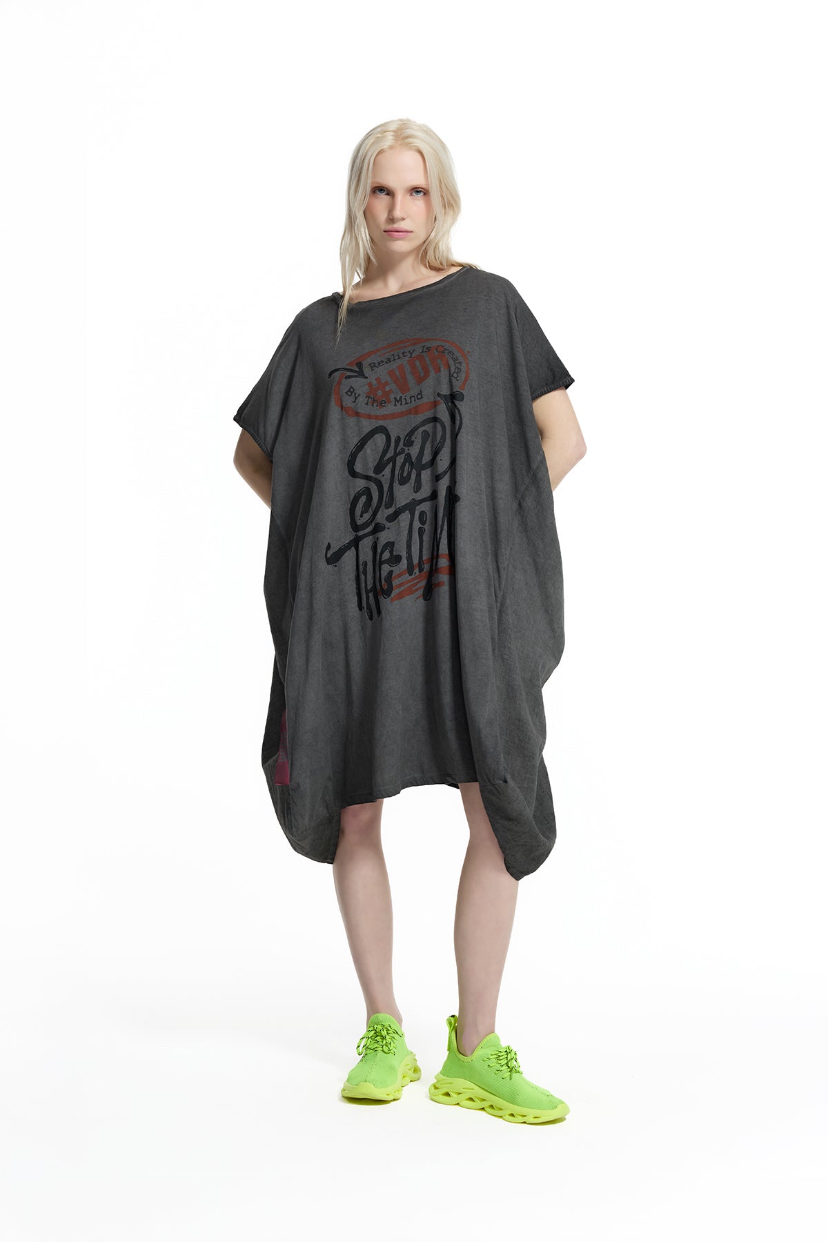 Black Washed Graphic Expression Oversized T-shirt Dress 19095