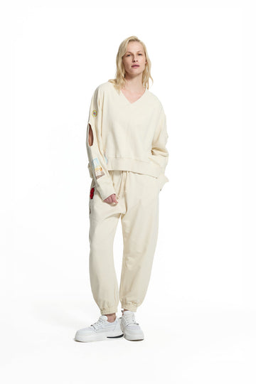 Cream Shoulder Cut-out Patch Detail Crop Sweatshirt 19100