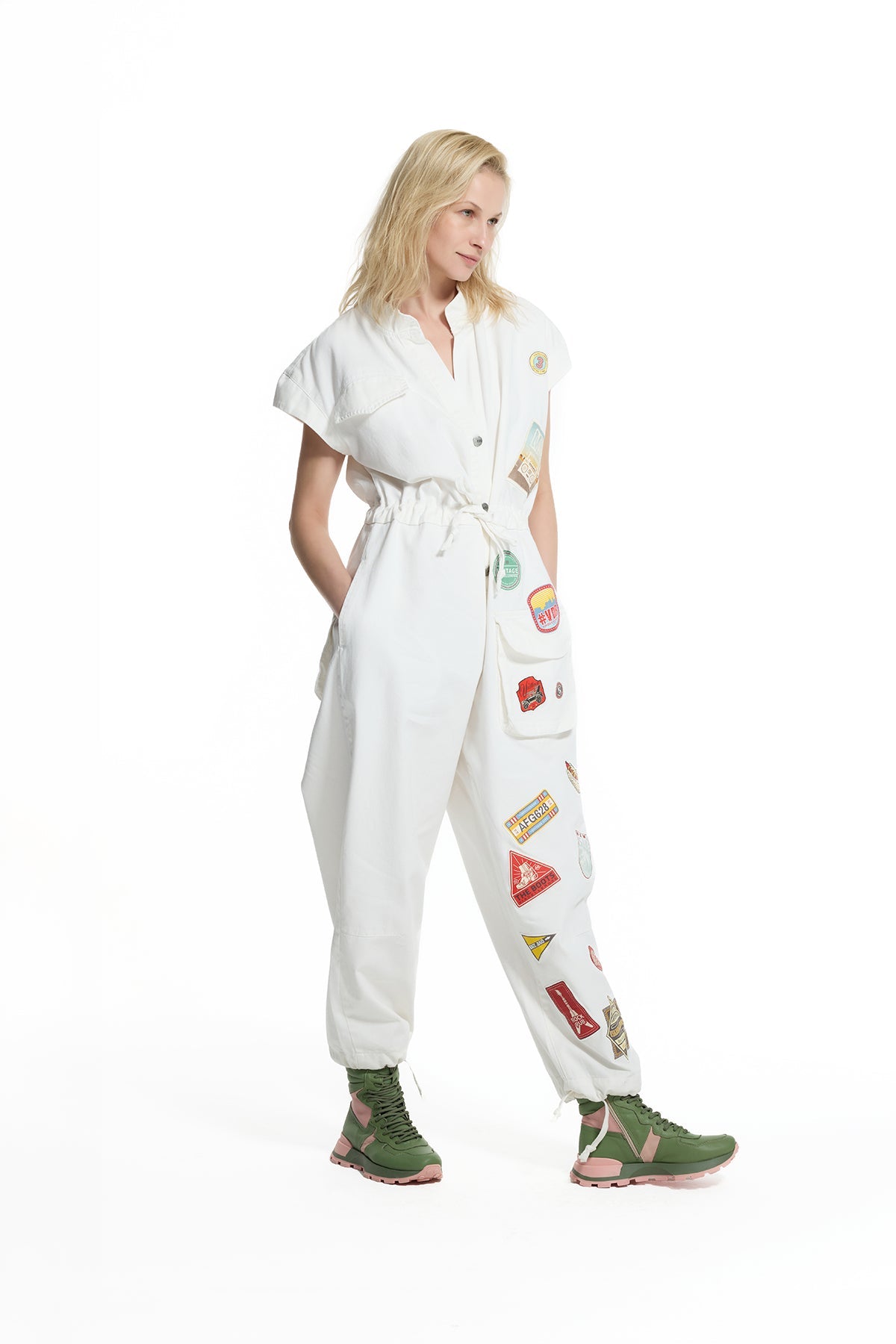 White Drawstring Waist Patch Jumpsuit 19120