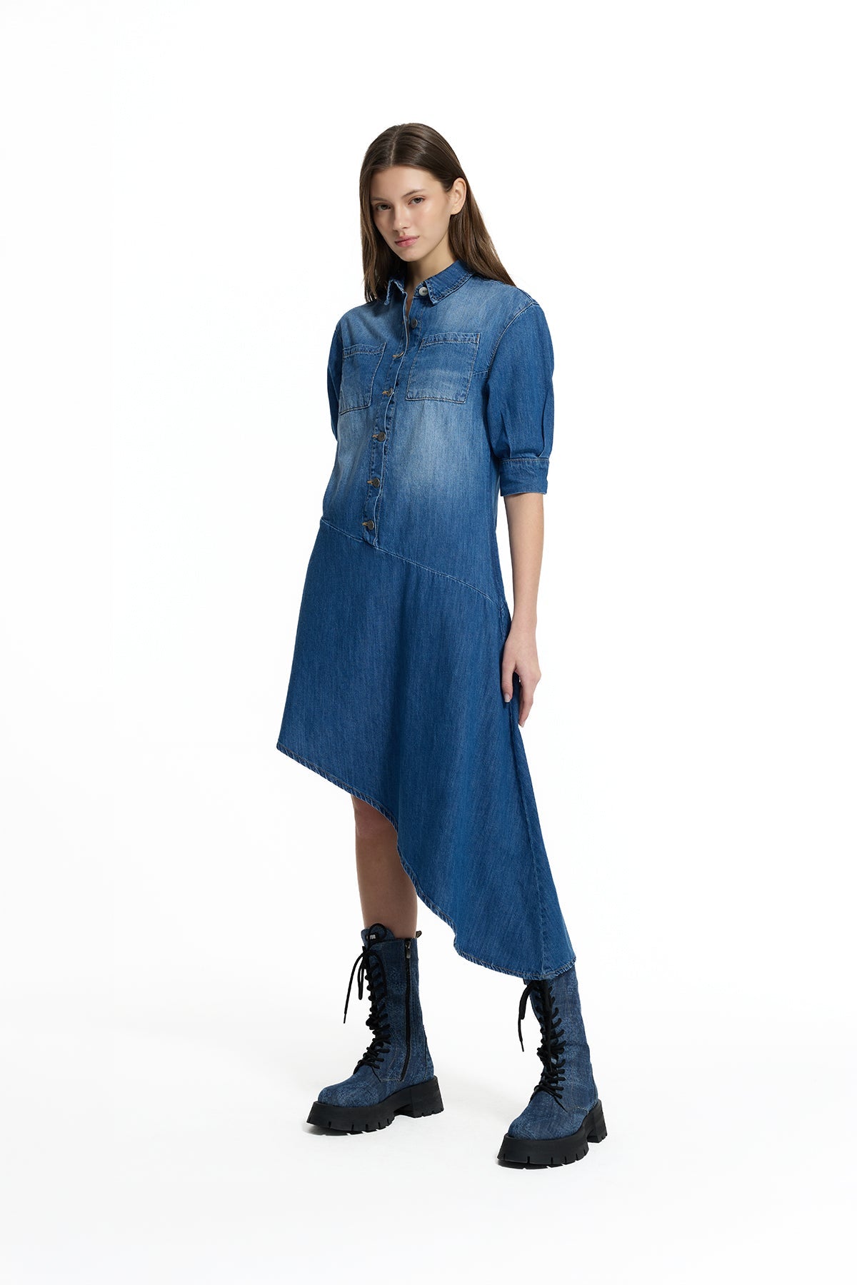 Blue Asymmetric Denim Shirt Dress 19124
