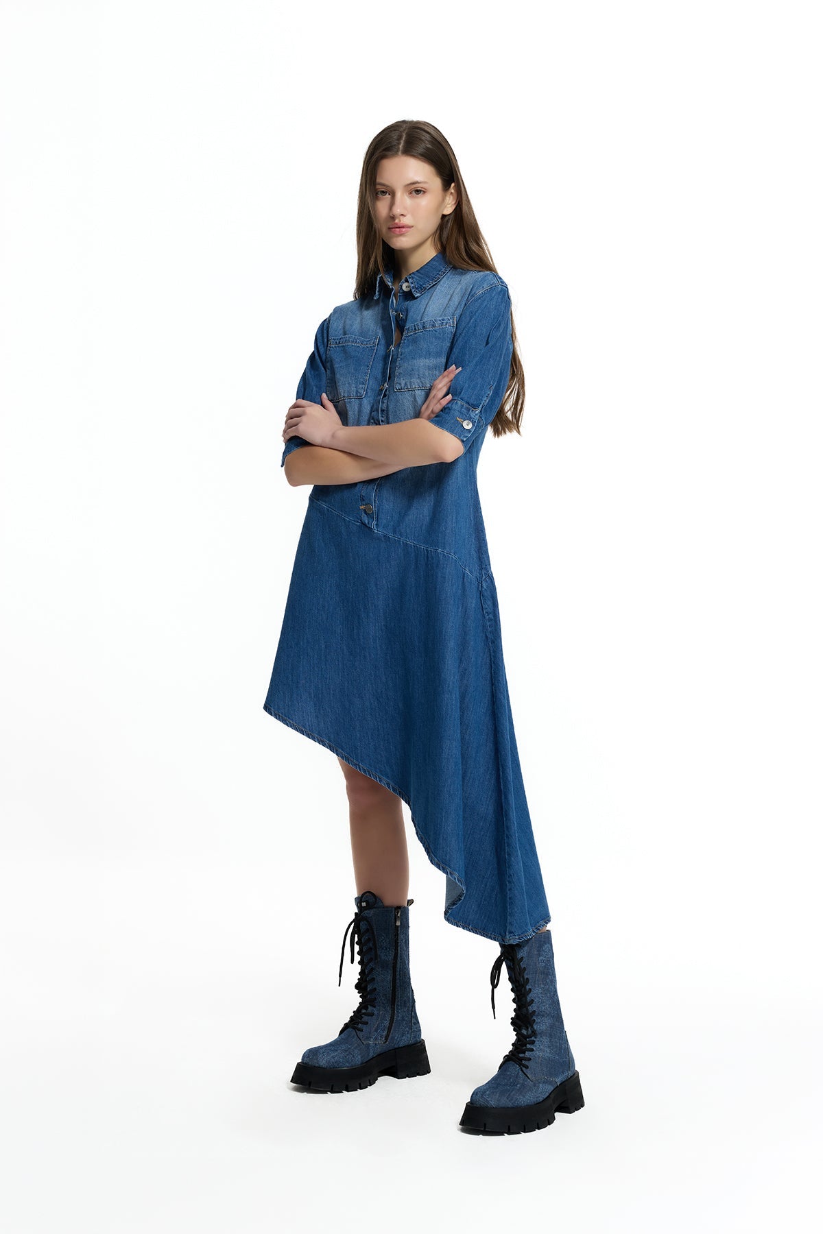 Blue Asymmetric Denim Shirt Dress 19124