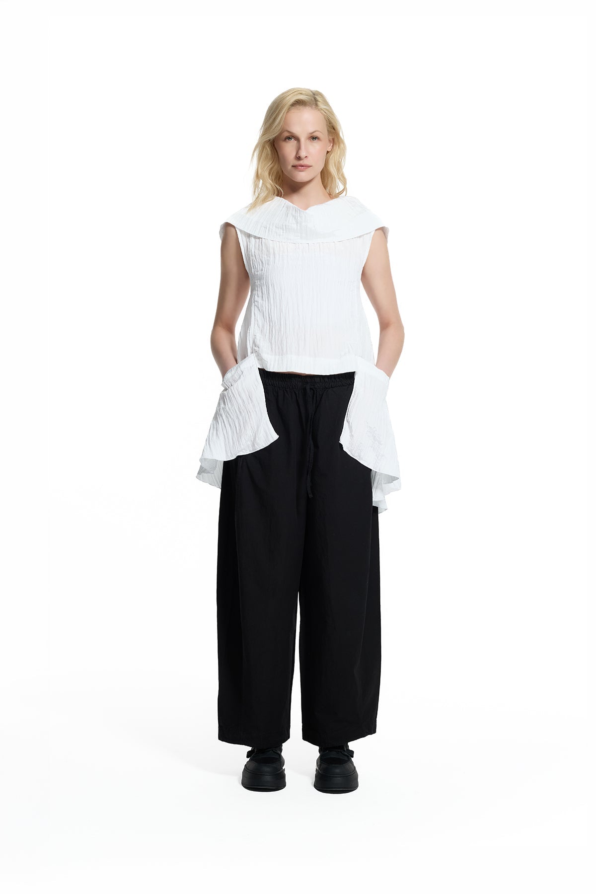 White Asymmetric Crinkle Blouse 19145