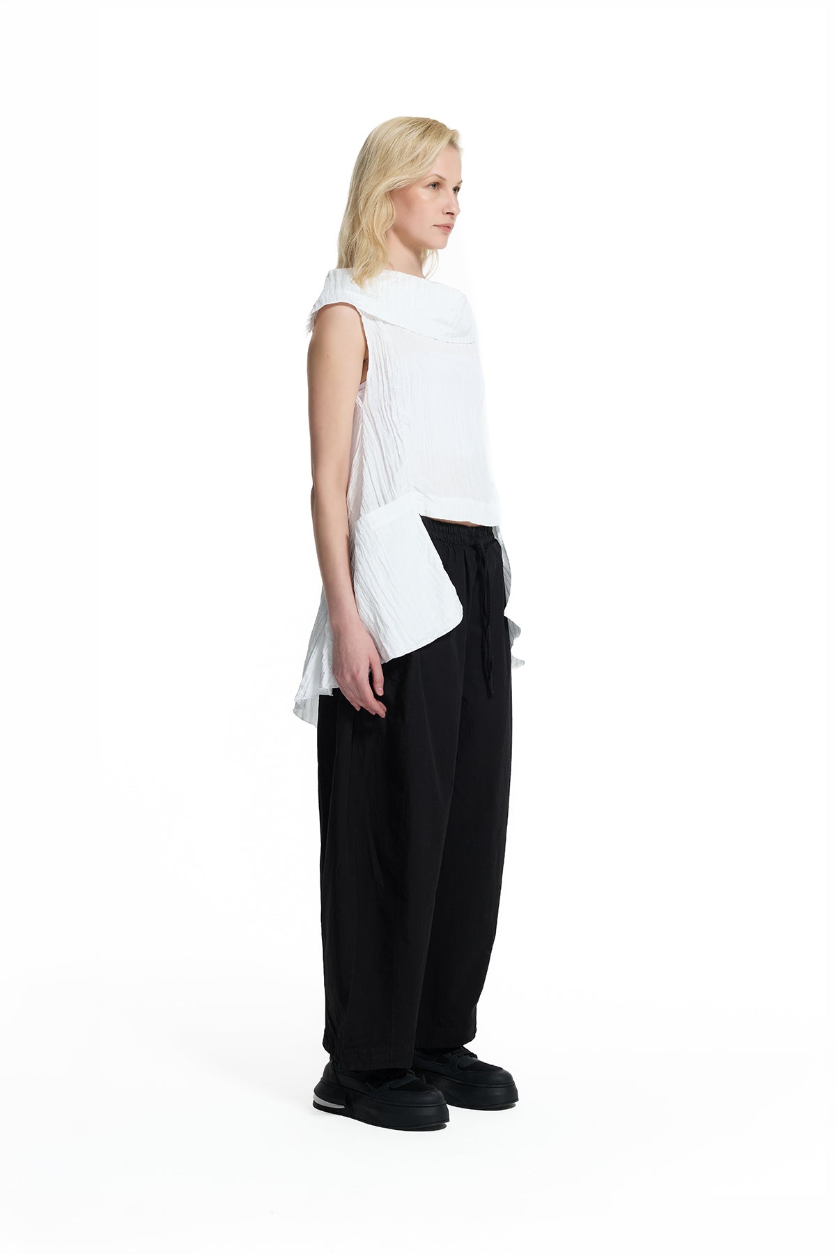 White Asymmetric Crinkle Blouse 19145