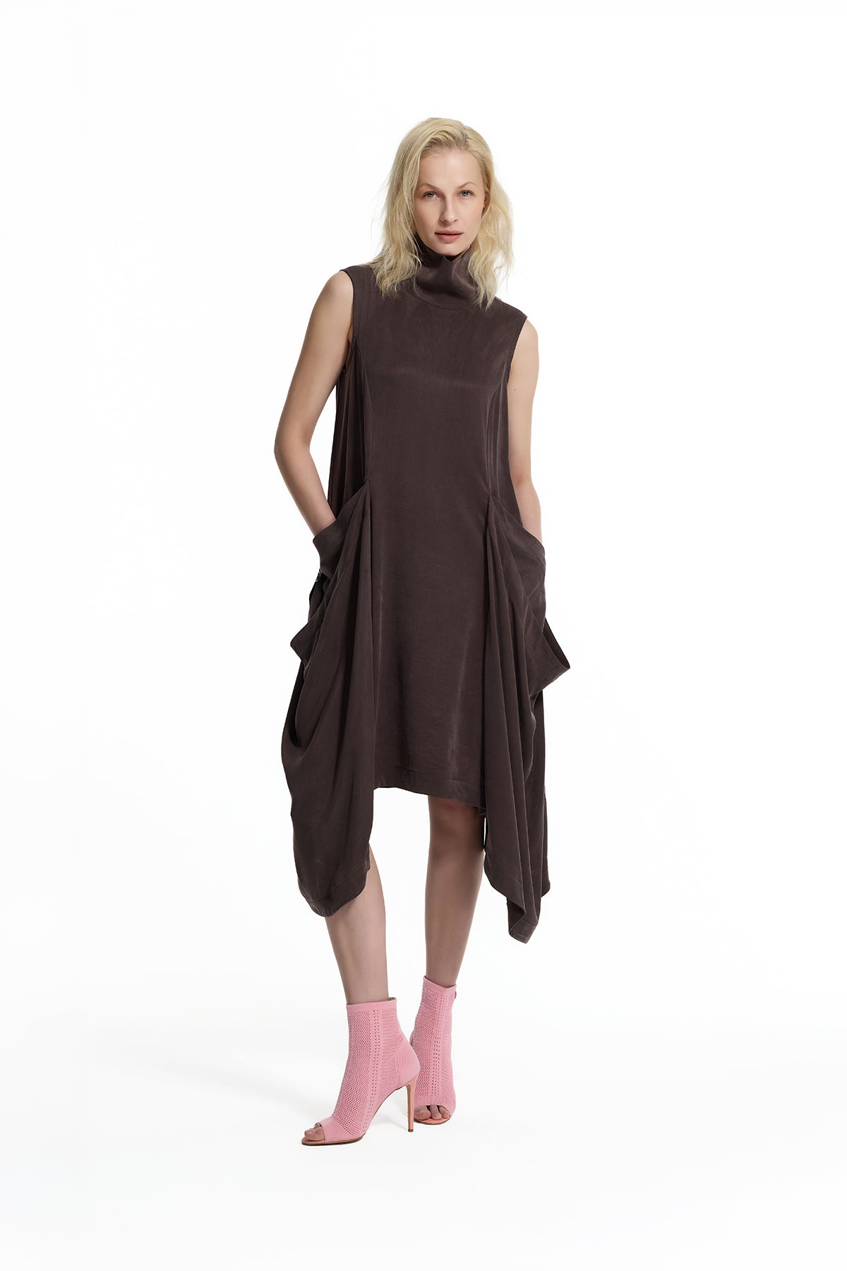Brown Draped Asymmetric Dress 19152