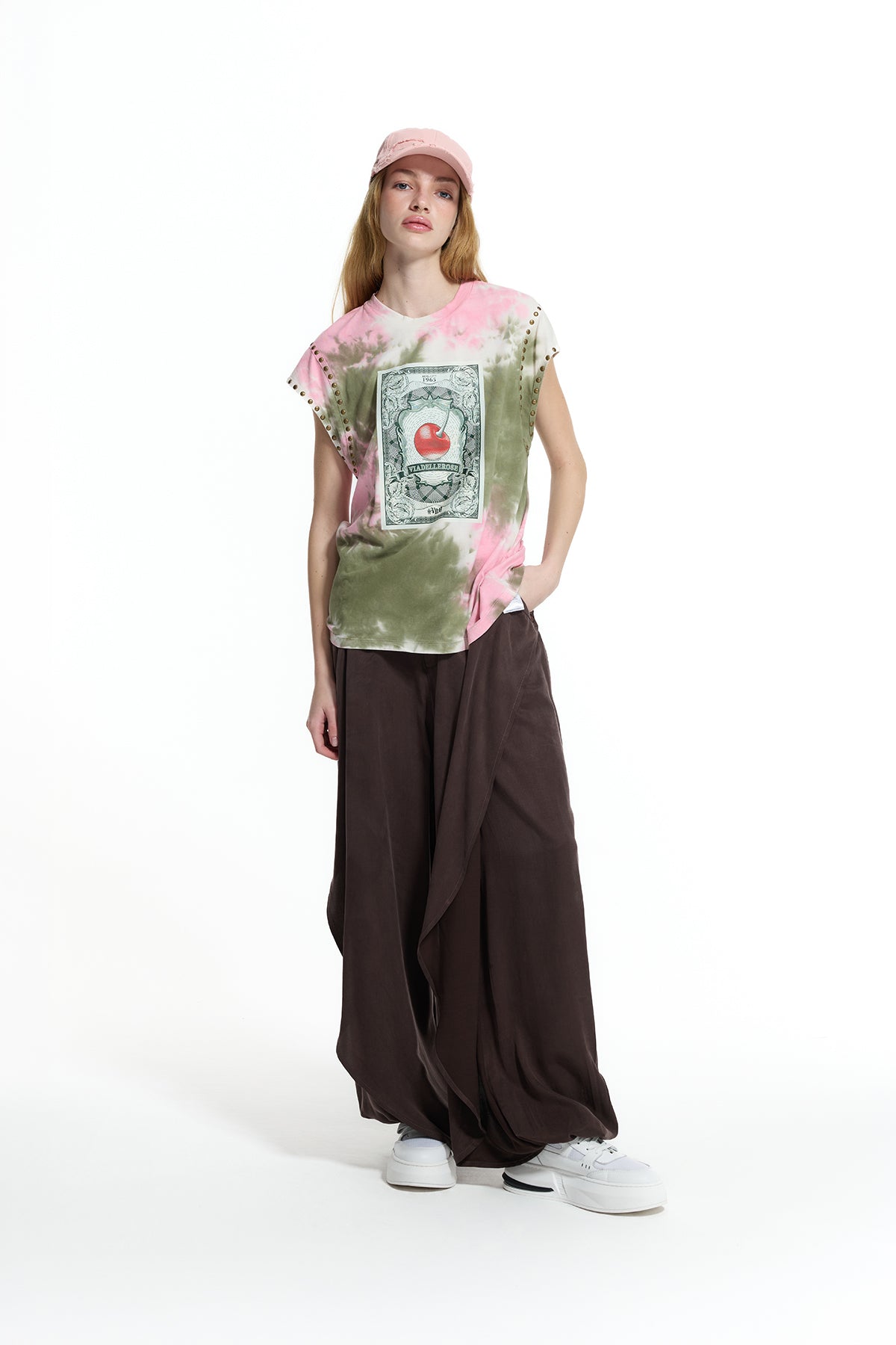 Pink Khaki Tie-dye Printed T-shirt 19153