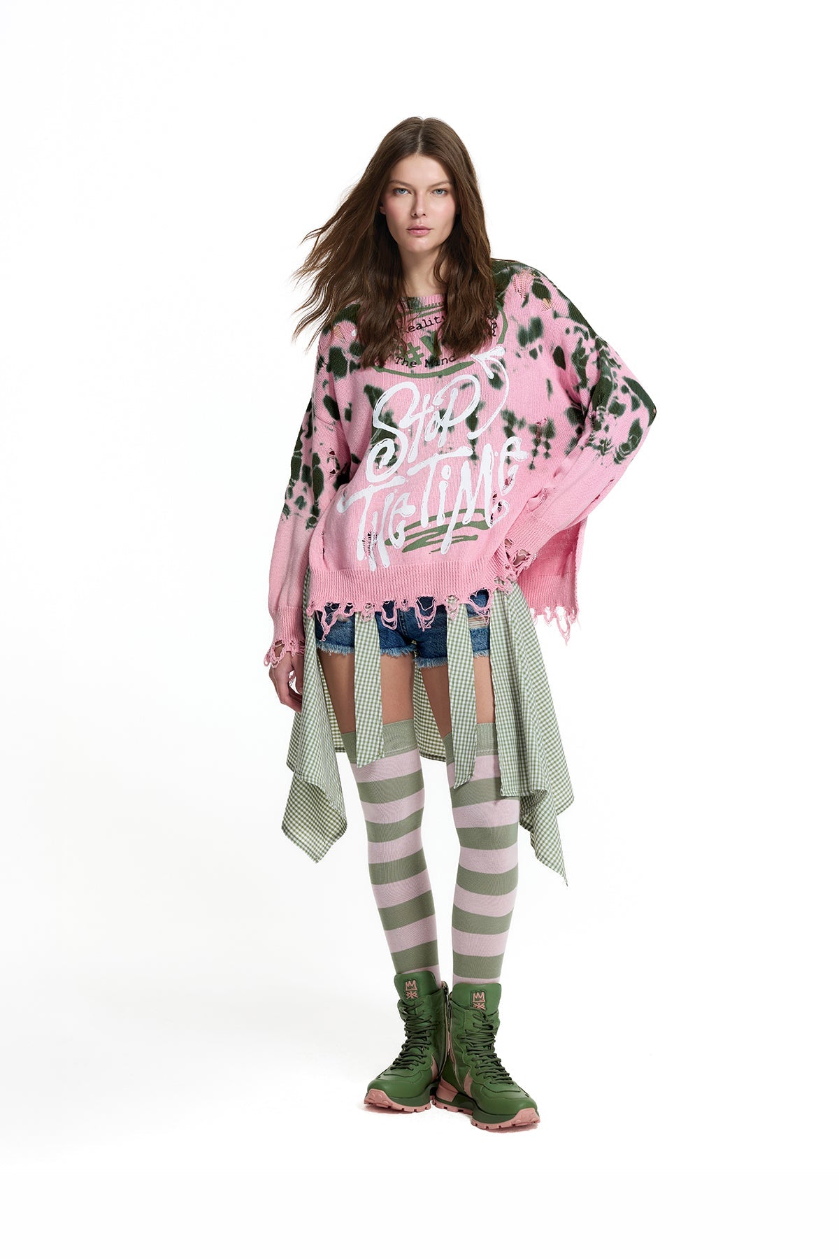 Pink Khaki Tie-dye Fringe Knit Sweater 19158