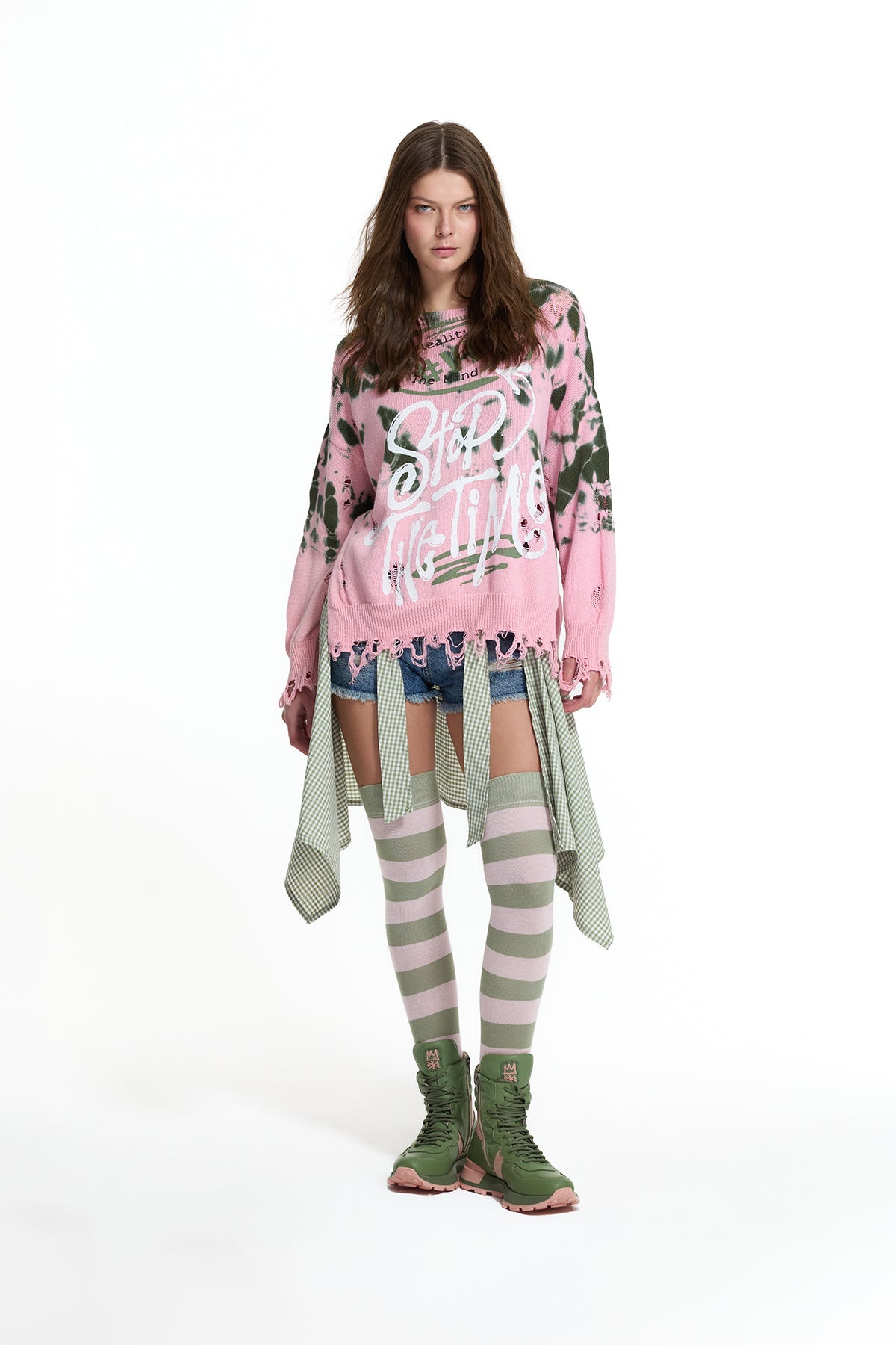 Pink Khaki Tie-dye Fringe Knit Sweater 19158