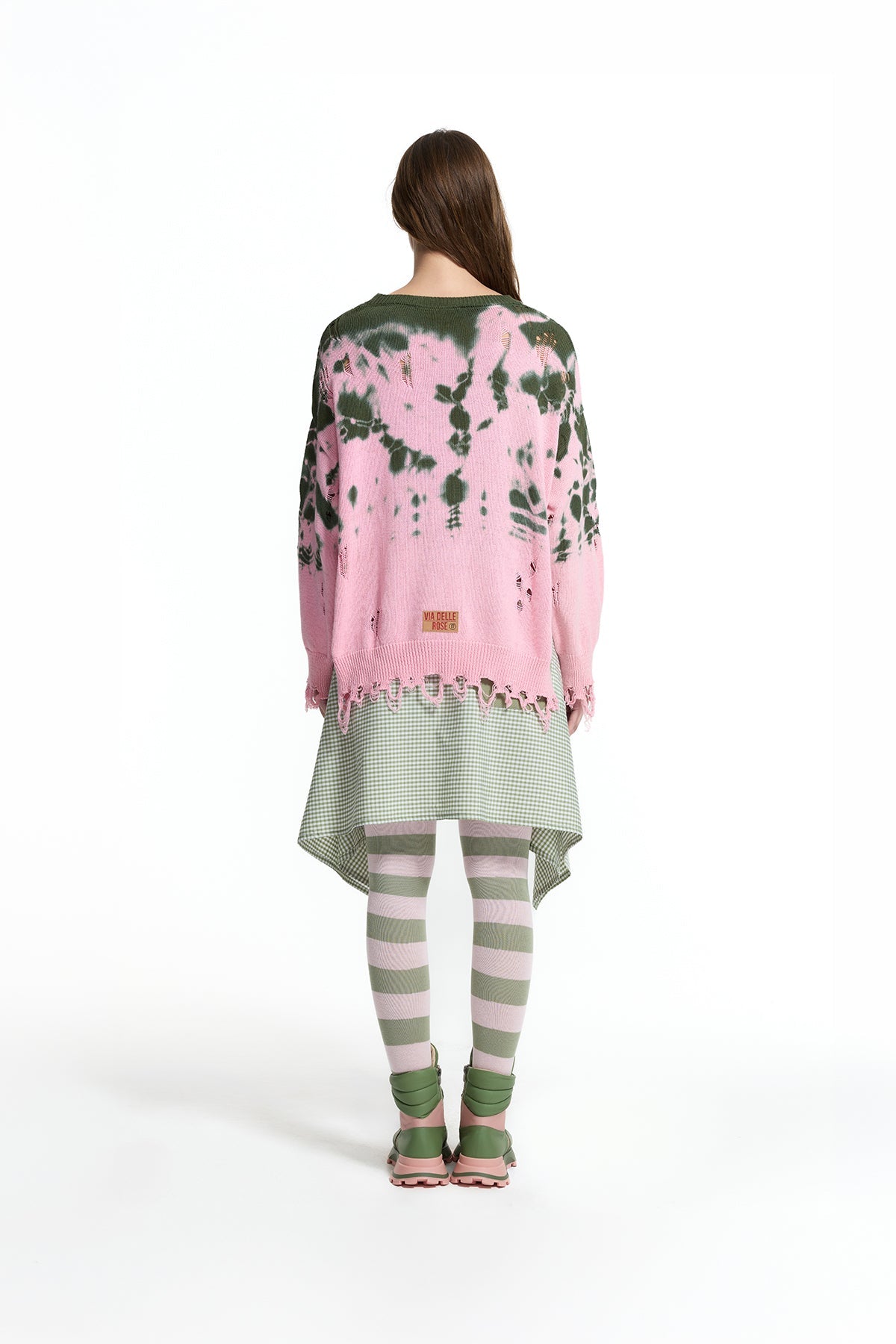 Pink Khaki Tie-dye Fringe Knit Sweater 19158