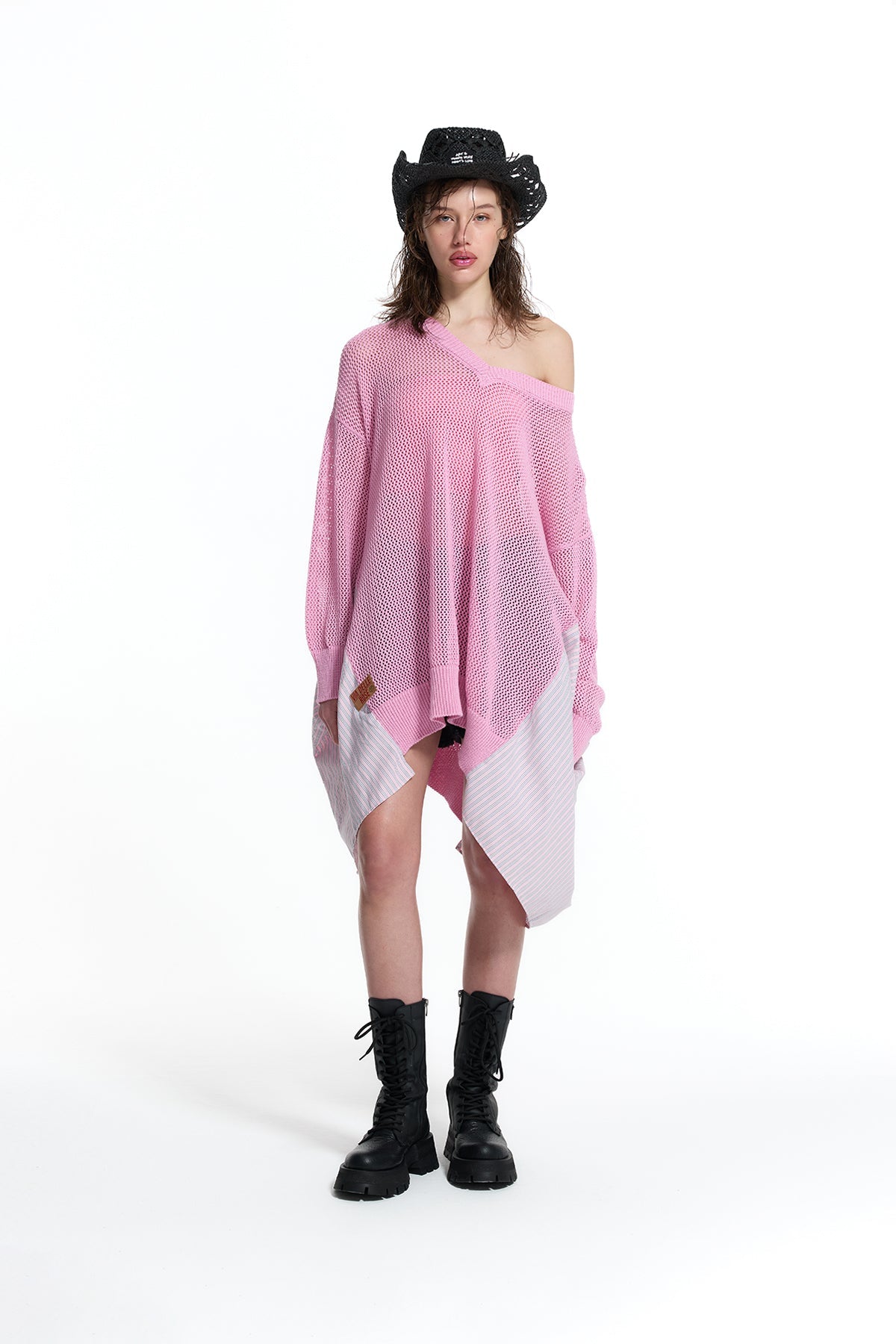 Pink Asymmetric Panel Knit Sweater 19162