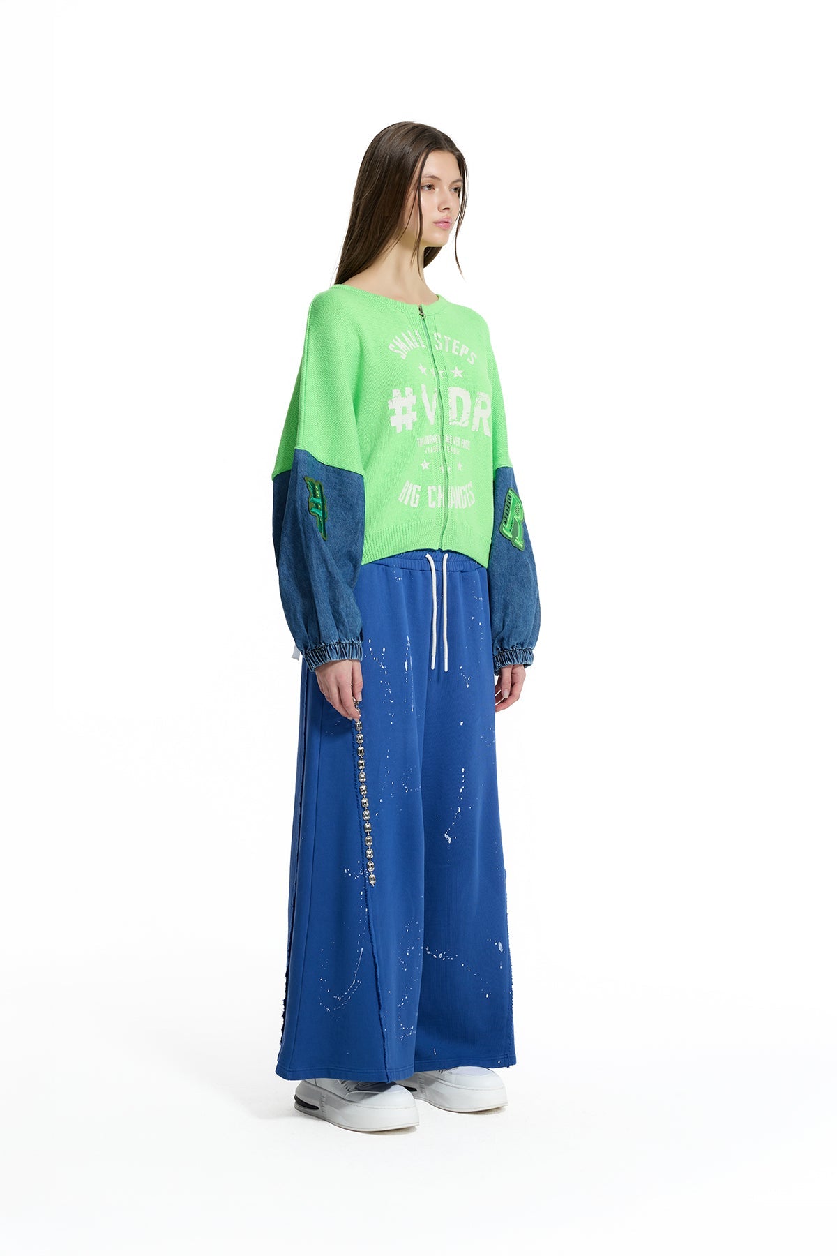 Neon Green Blue Contrast Denim Sleeve Bomber Knit Sweater 19173