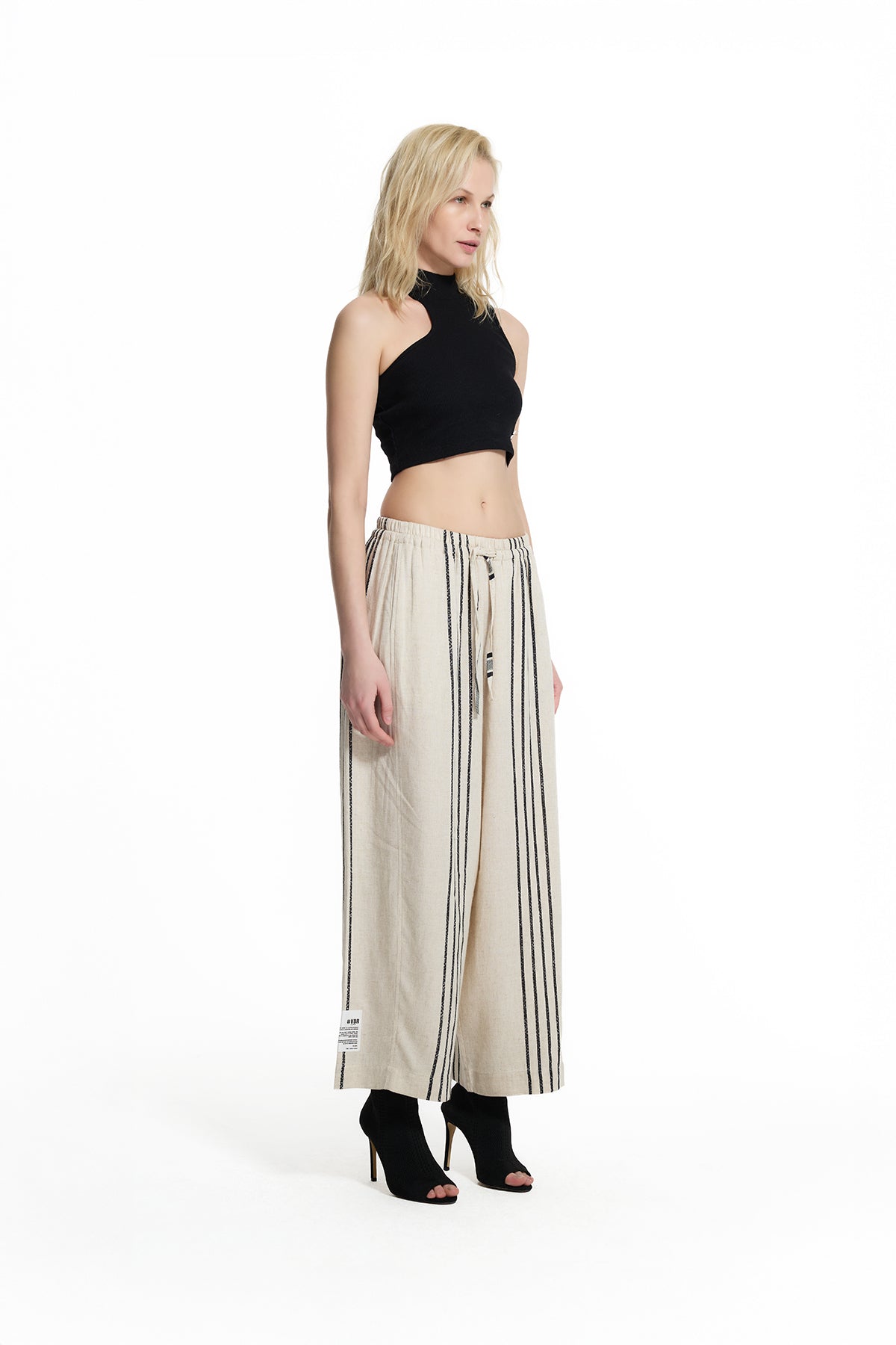 Beige Black Striped Linen Blend Wide-leg Trousers 19178