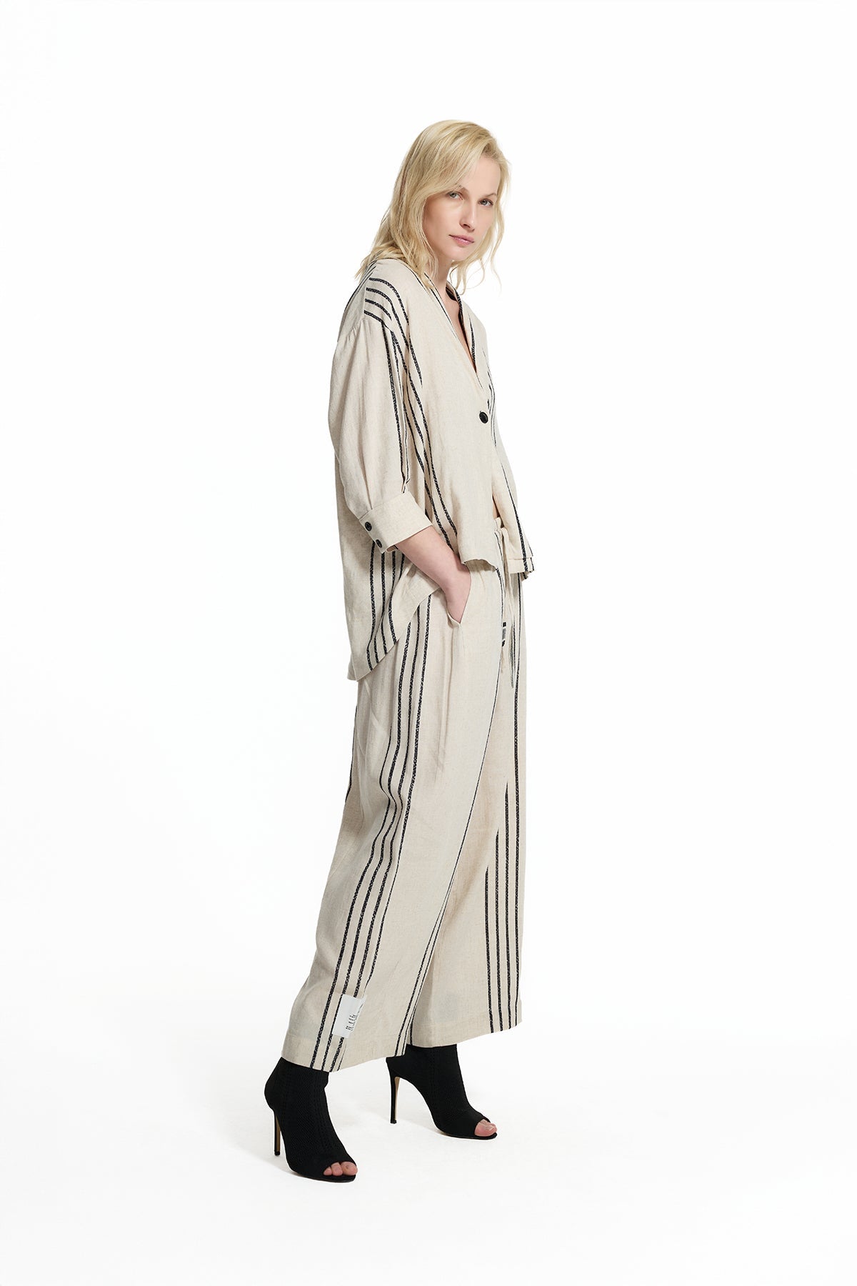Beige Black Striped Linen Shirt Jacket 19179