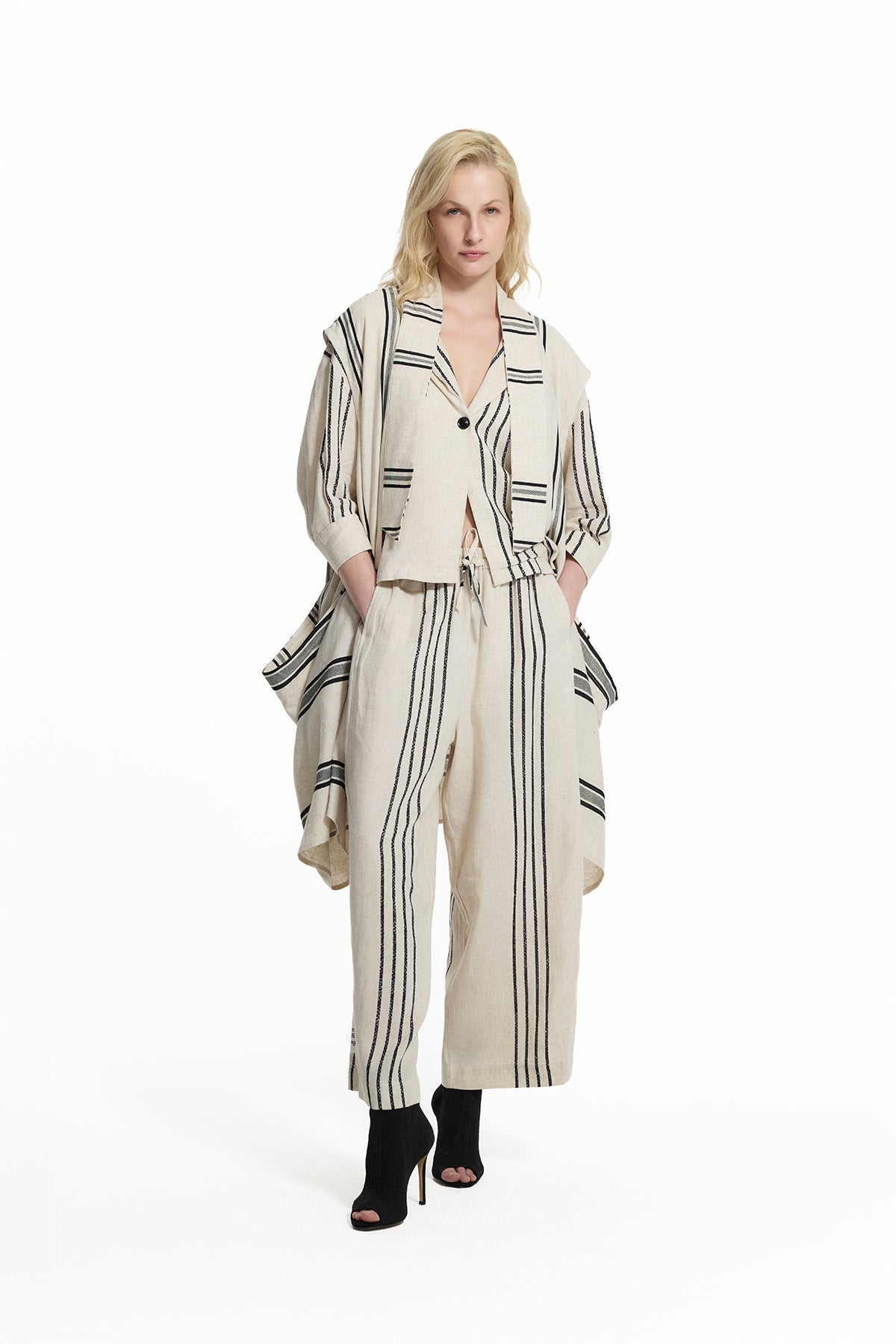 Beige Black Striped Linen Long Coat 19180