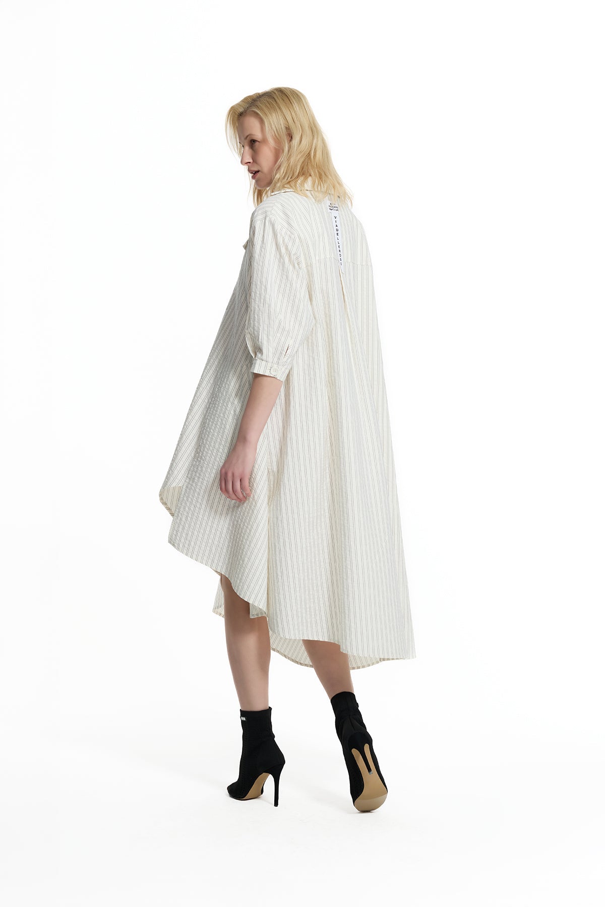 Cream Striped Asymmetric Midi Dress 19181