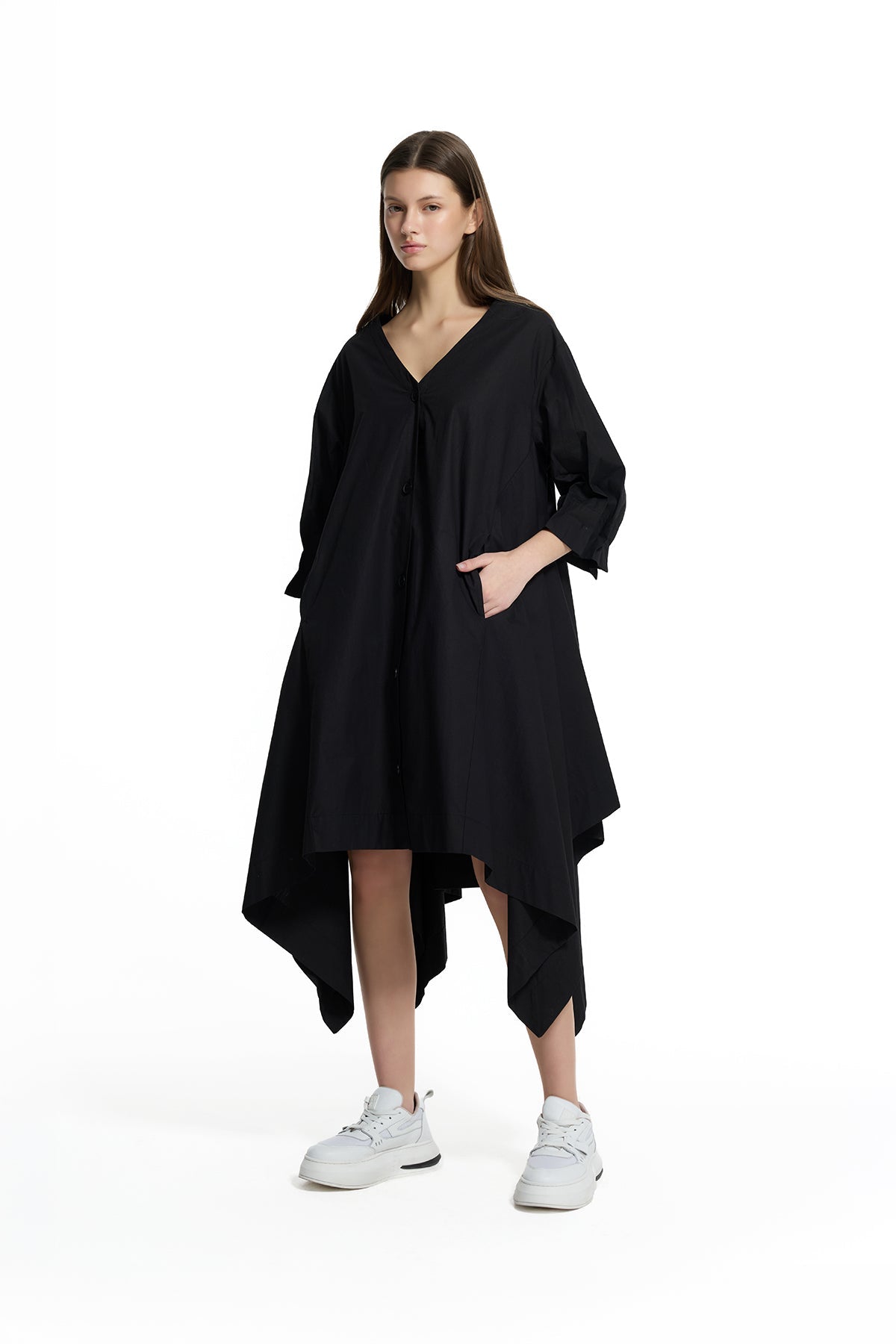 Black V-neck Asymmetric Midi Dress 19188