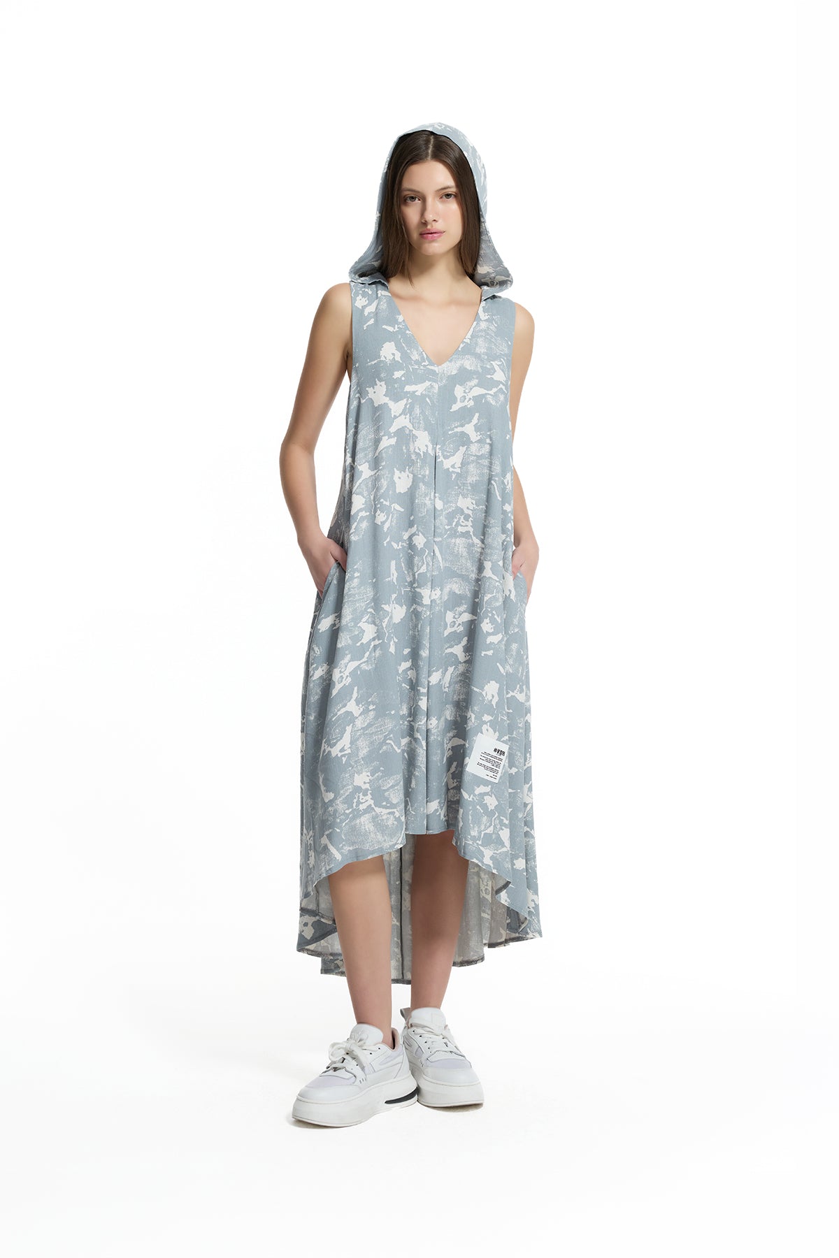 Grey Off White Hooded Asymmetric Printed Midi Dress 19189
