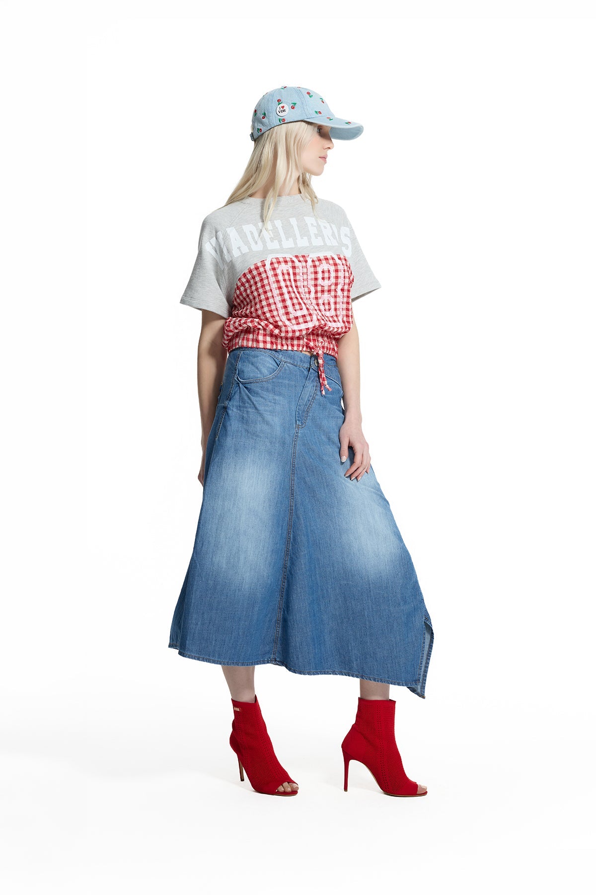 Grey Melange Red Drawstring Gingham Panel Sweatshirt 19196
