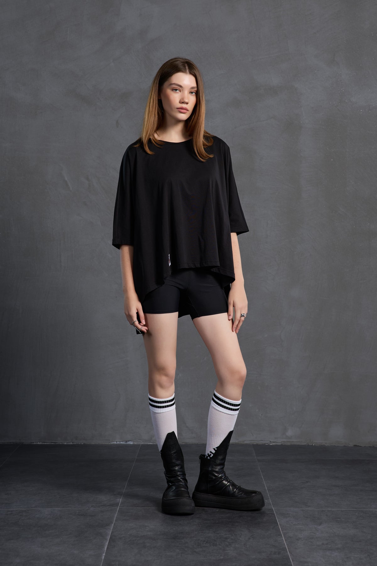 Black Printed Asymmetric Oversized T-shirt 18037