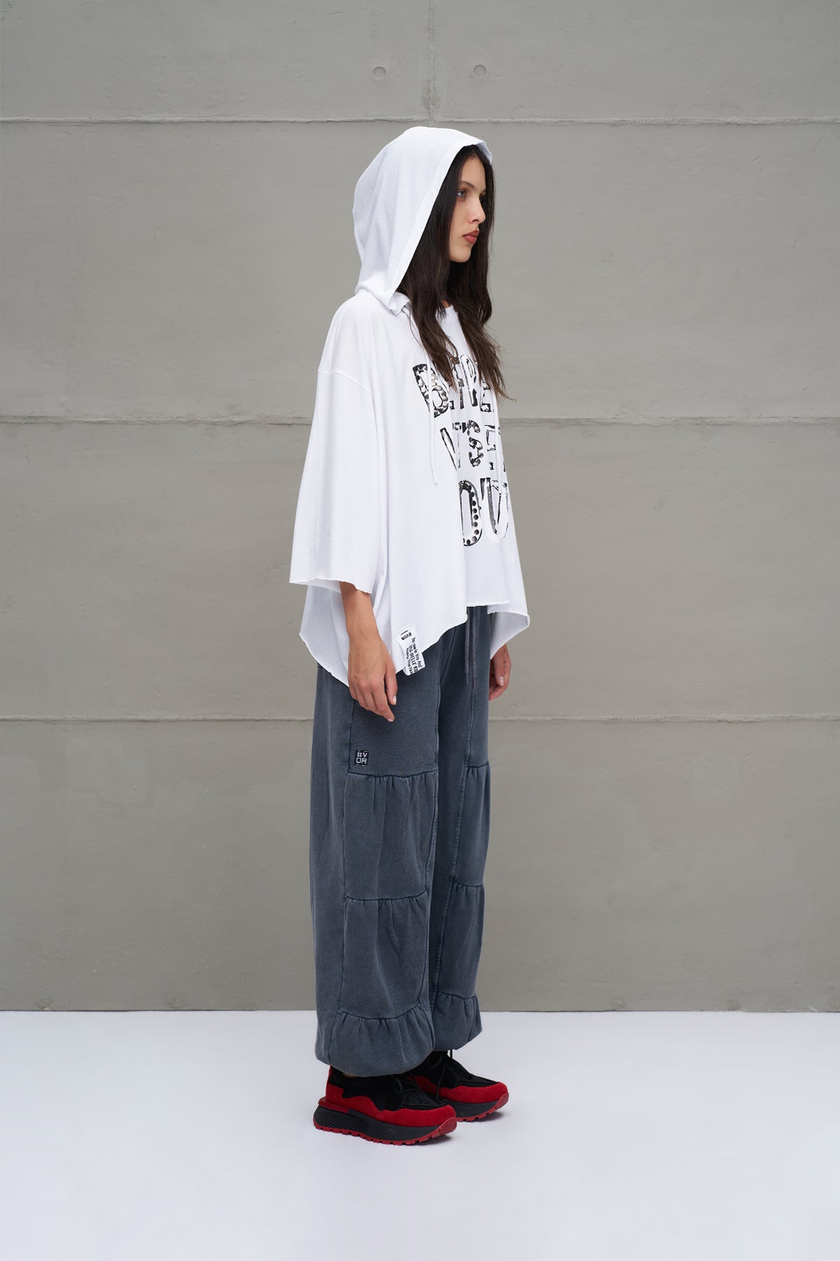 White Slogan Asymmetric Oversized Hooded T-shirt 18042