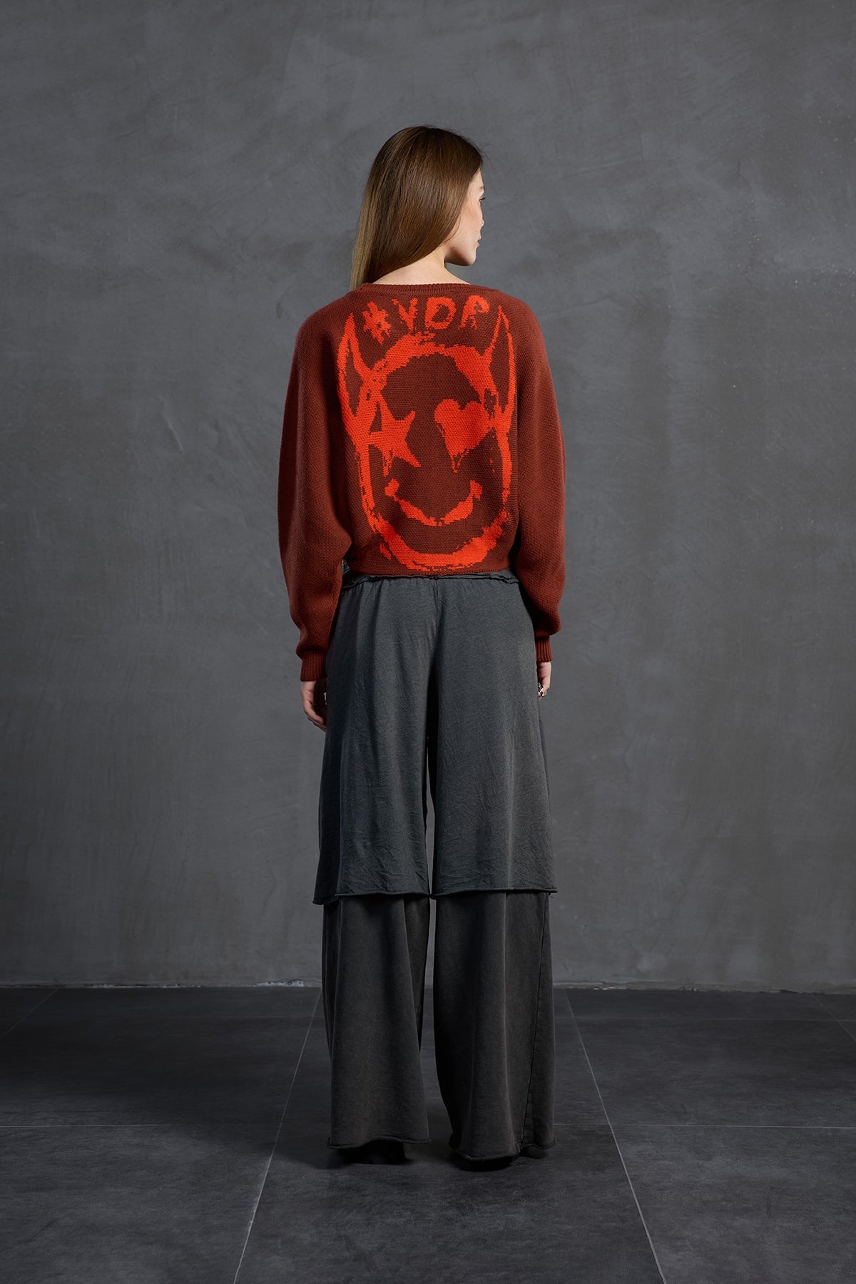 Brown Boat Neck Text Print Knit Sweater 18053