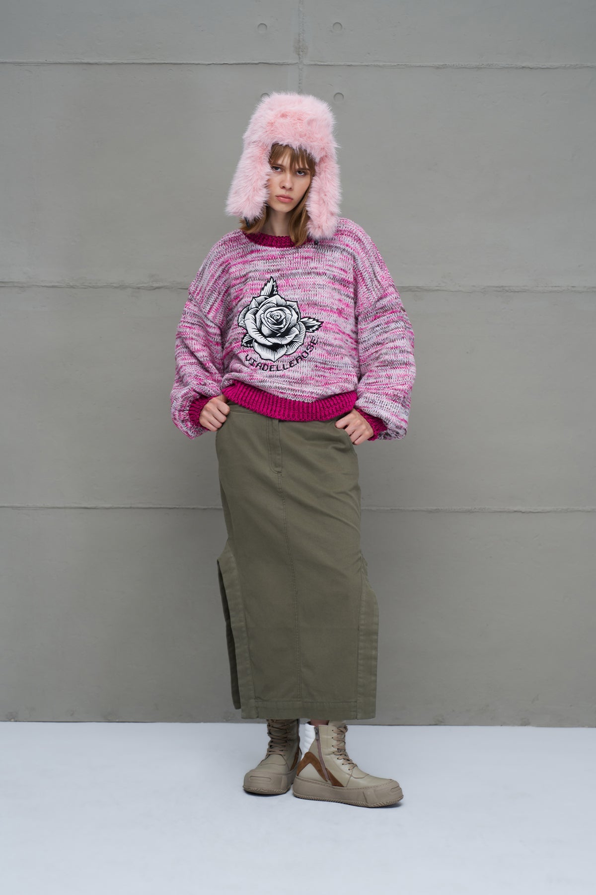 Pink White Oversized Knit Knit Sweater 18054