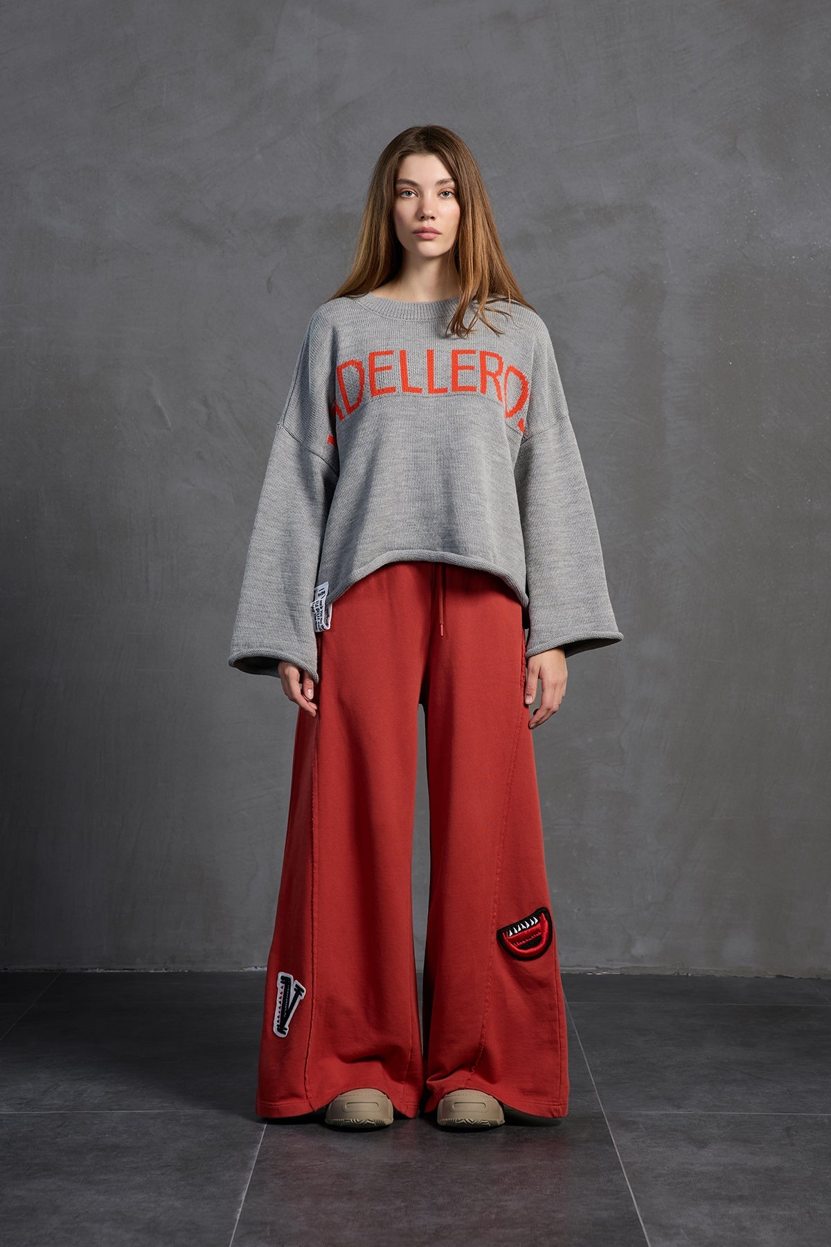 Grey Melange Printed Oversized Knit Sweater 18057