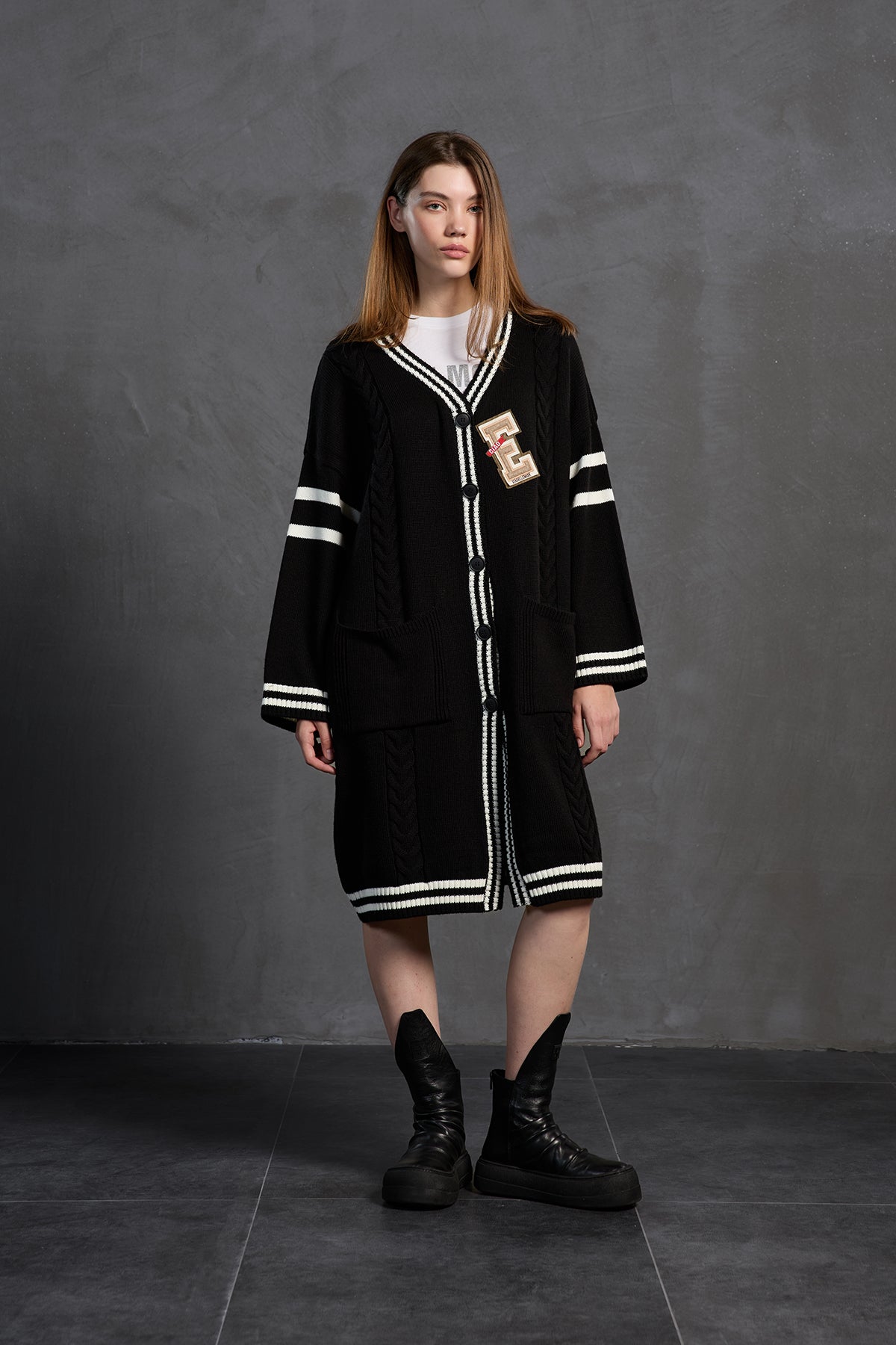 Black Off White Long Oversized Knit Cardigan 18058