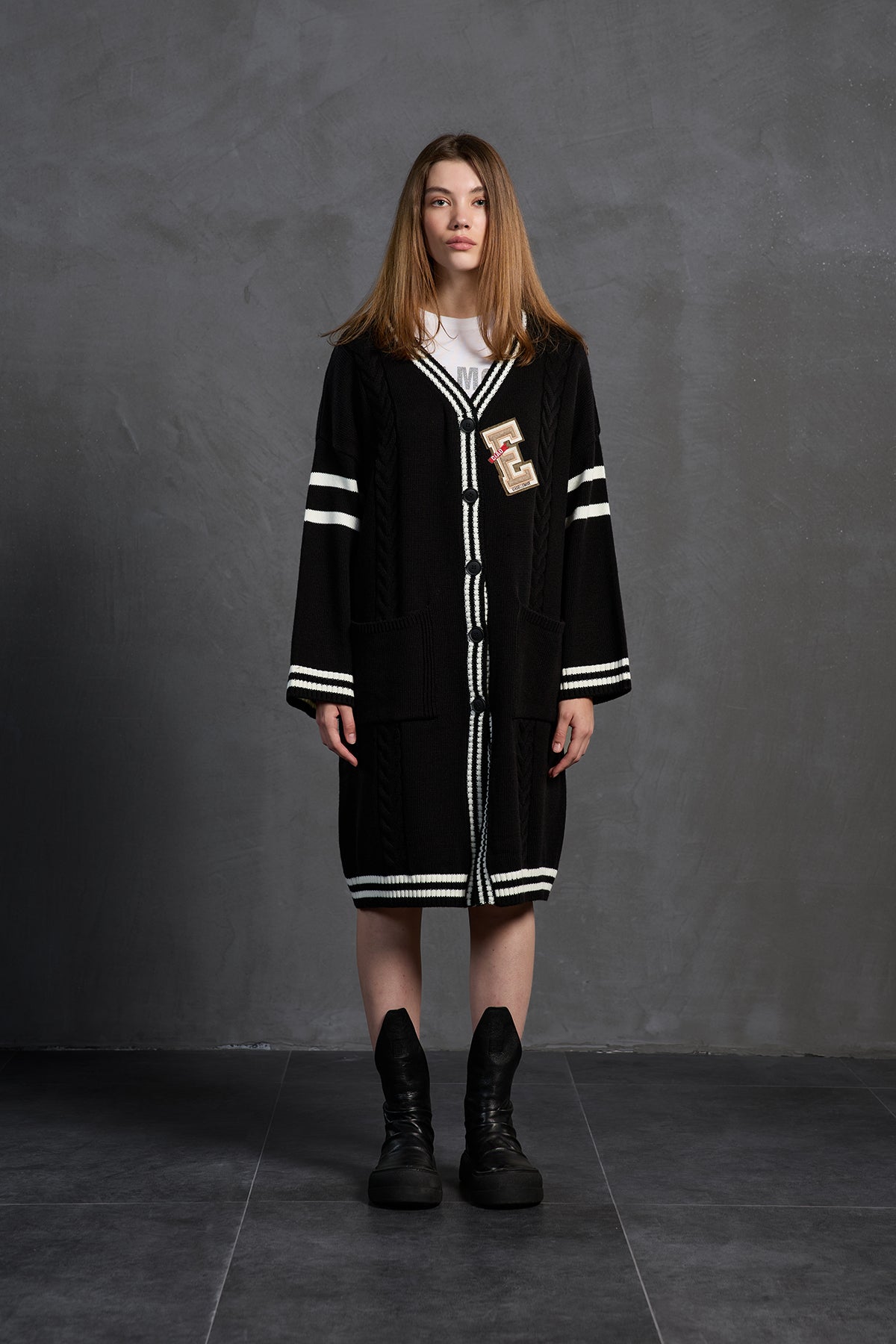 Black Off White Long Oversized Knit Cardigan 18058