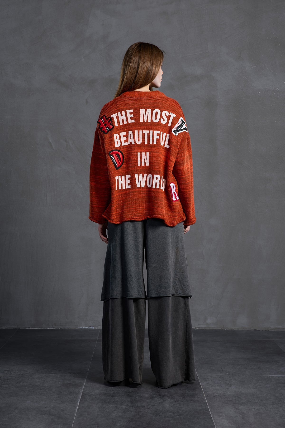 Brown Orange Slogan Oversized Knit Cardigan 18062