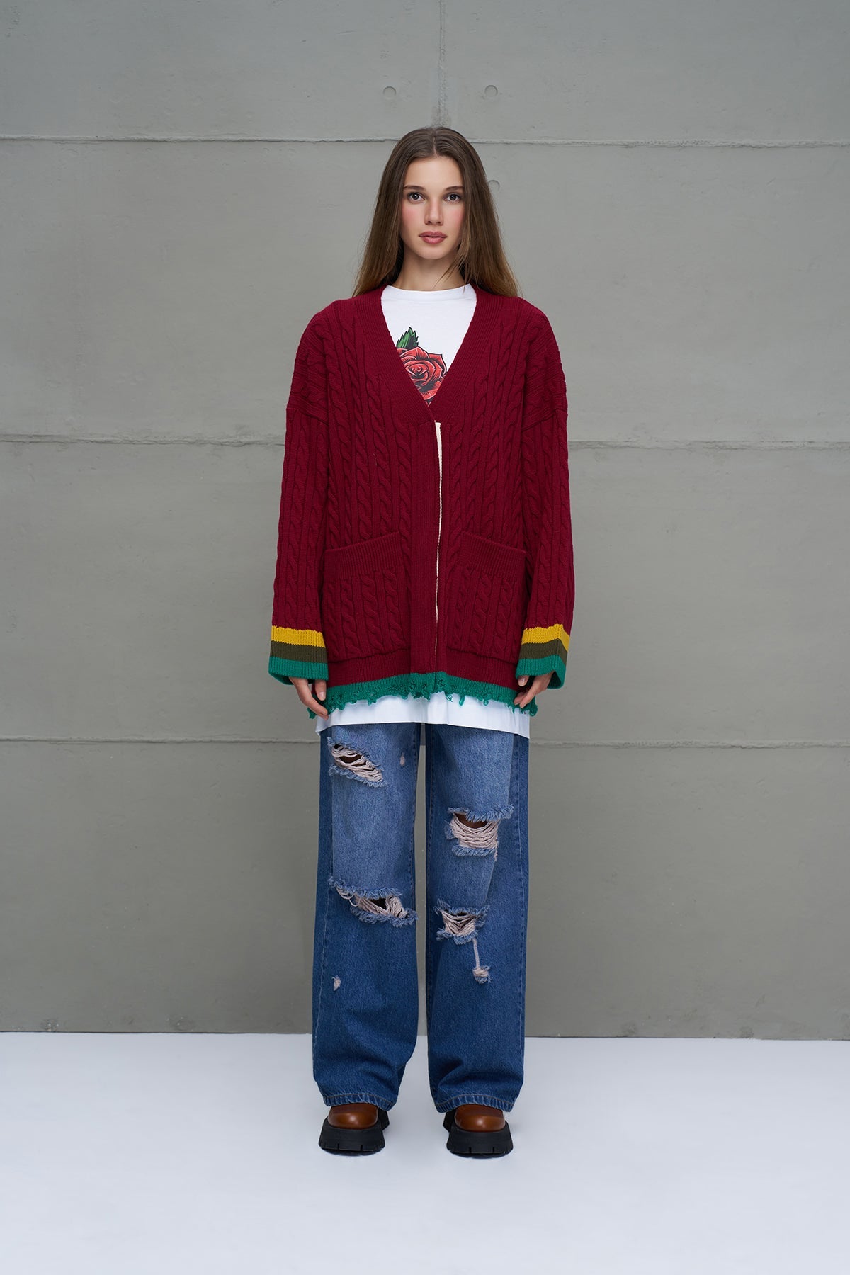 Burgundy Logo Print Oversized Knit Knit Cardigan 18063