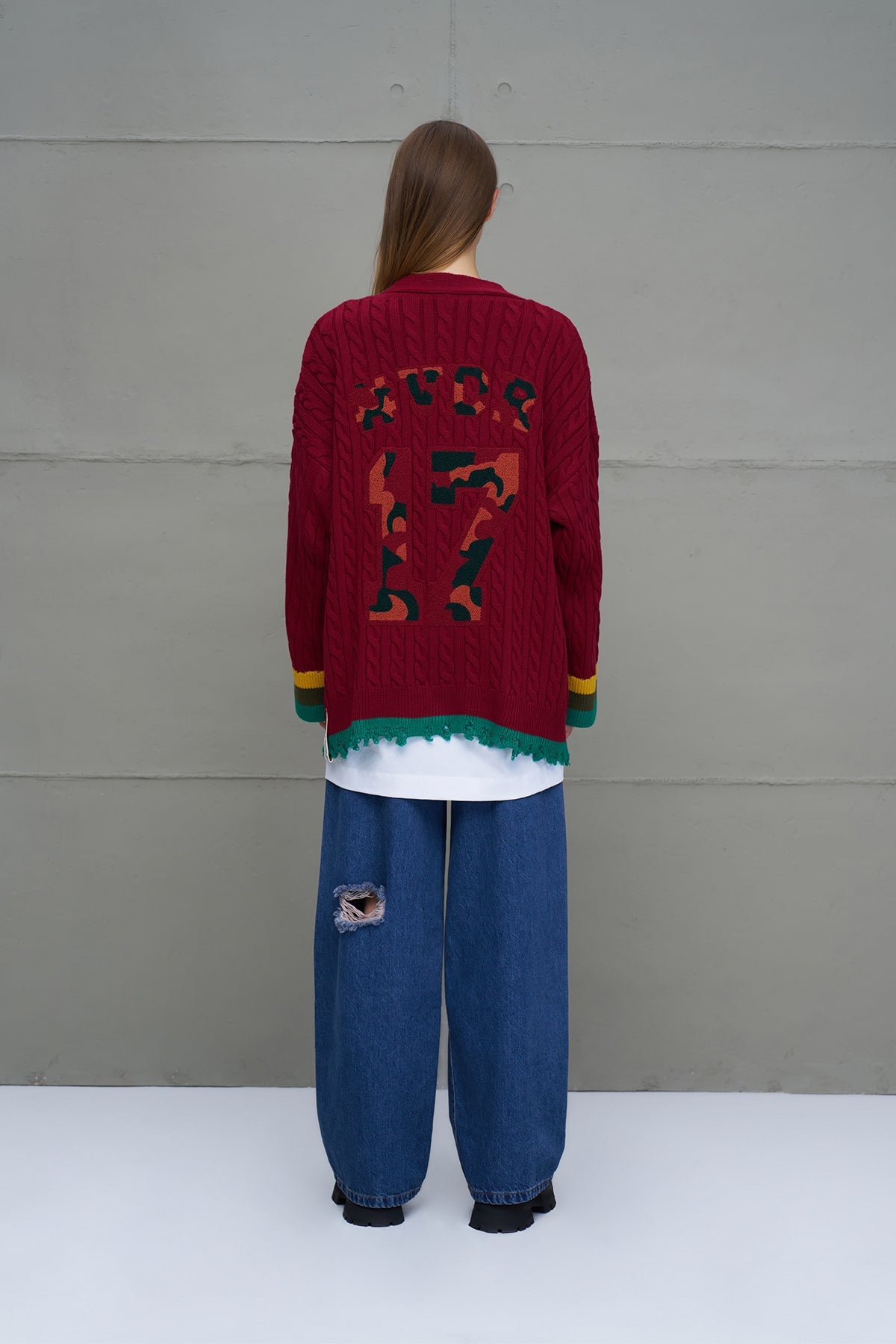 Burgundy Logo Print Oversized Knit Knit Cardigan 18063