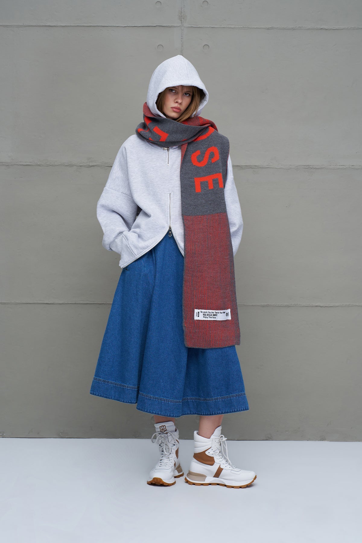 Grey Melange Orange Logo Striped Knit Scarf 18069