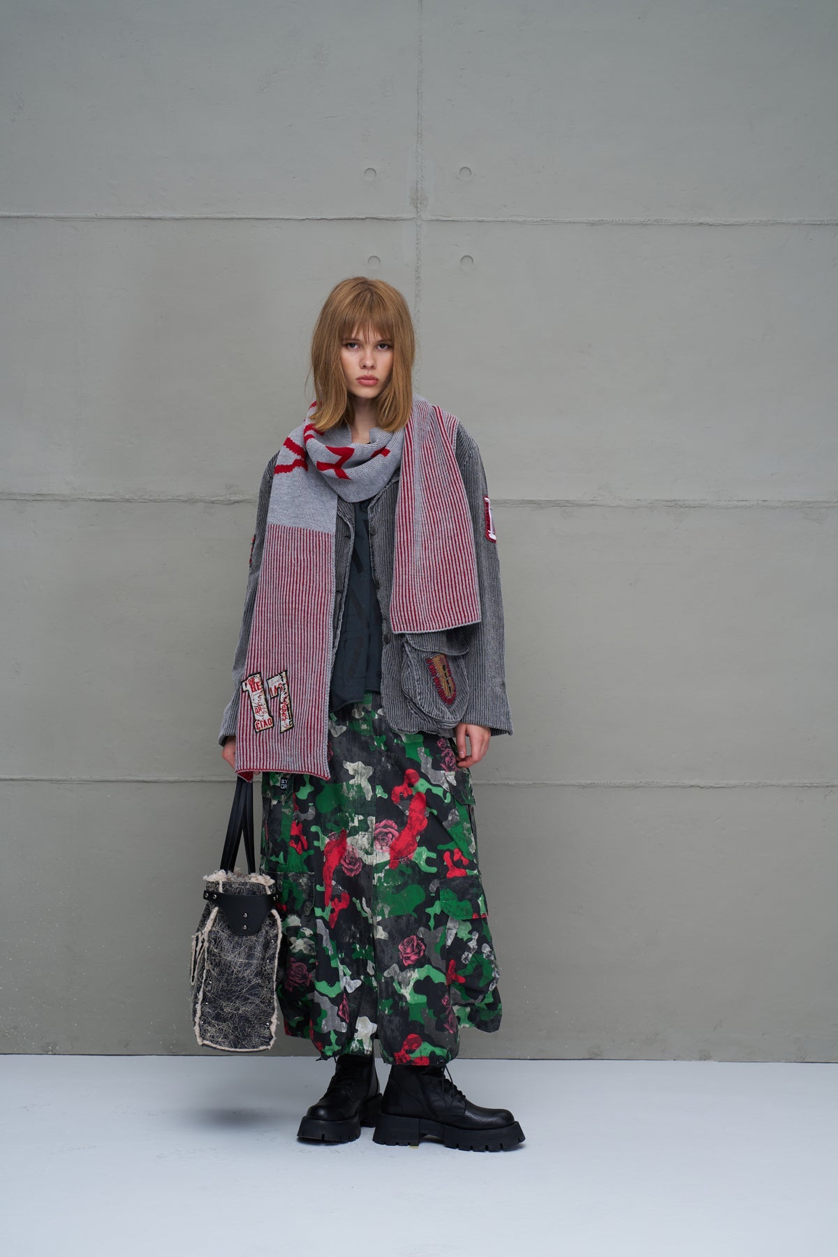 Grey Melange Red Logo Striped Knit Scarf 18069